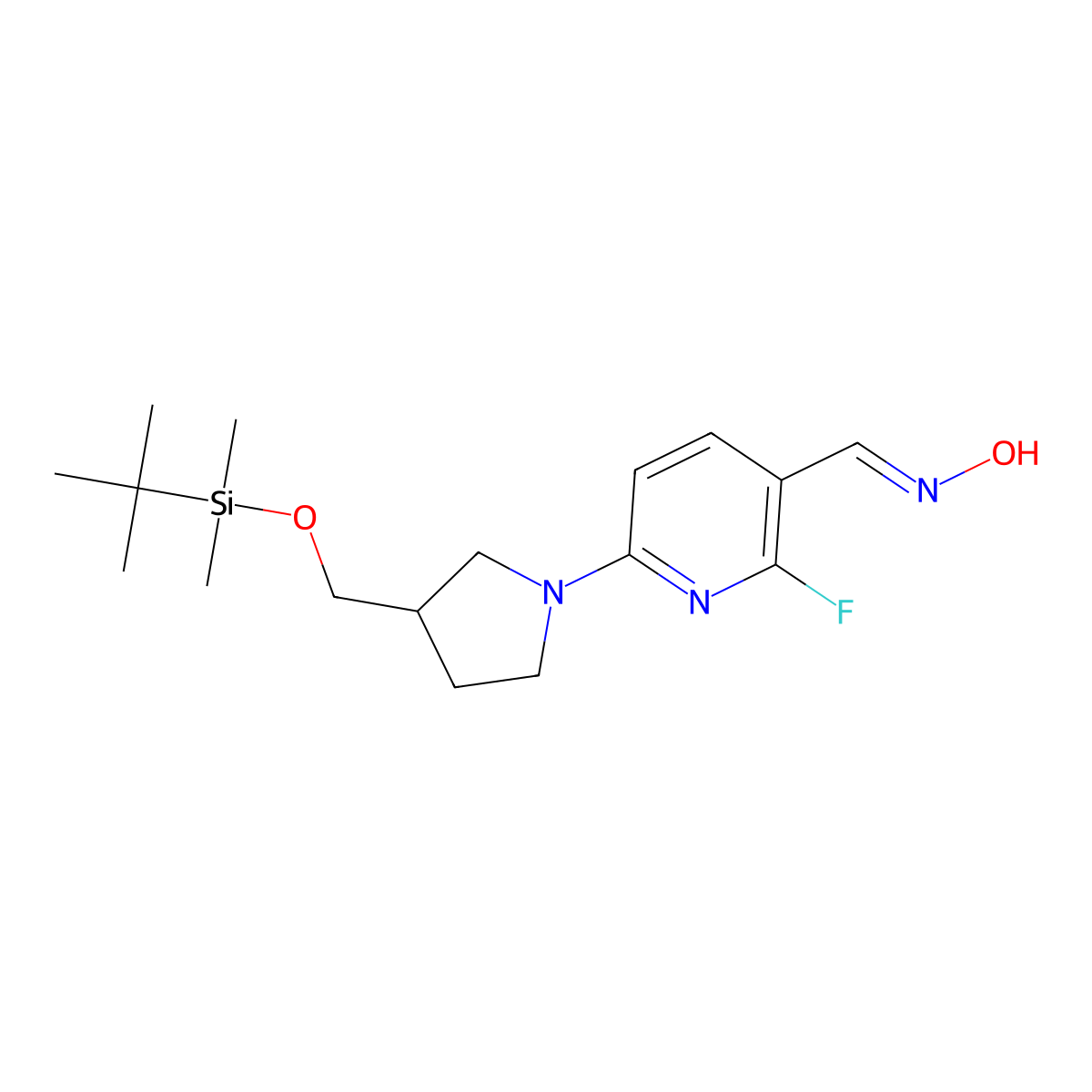 (E)-6-(3-((tert-Butyldimethylsilyloxy)methyl)-pyrrolidin-1-yl)-2-fluoronicotinaldehyde oxime molecular structure, CAS 1228670-36-7