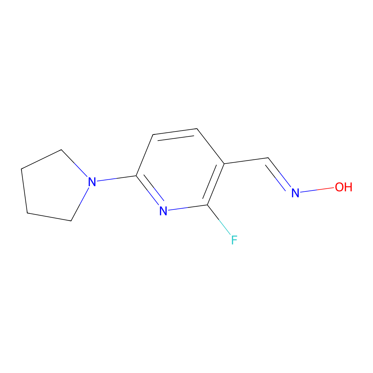 (E)-2-Fluoro-6-(pyrrolidin-1-yl)nicotinaldehyde oxime molecular structure, CAS 1228670-40-3