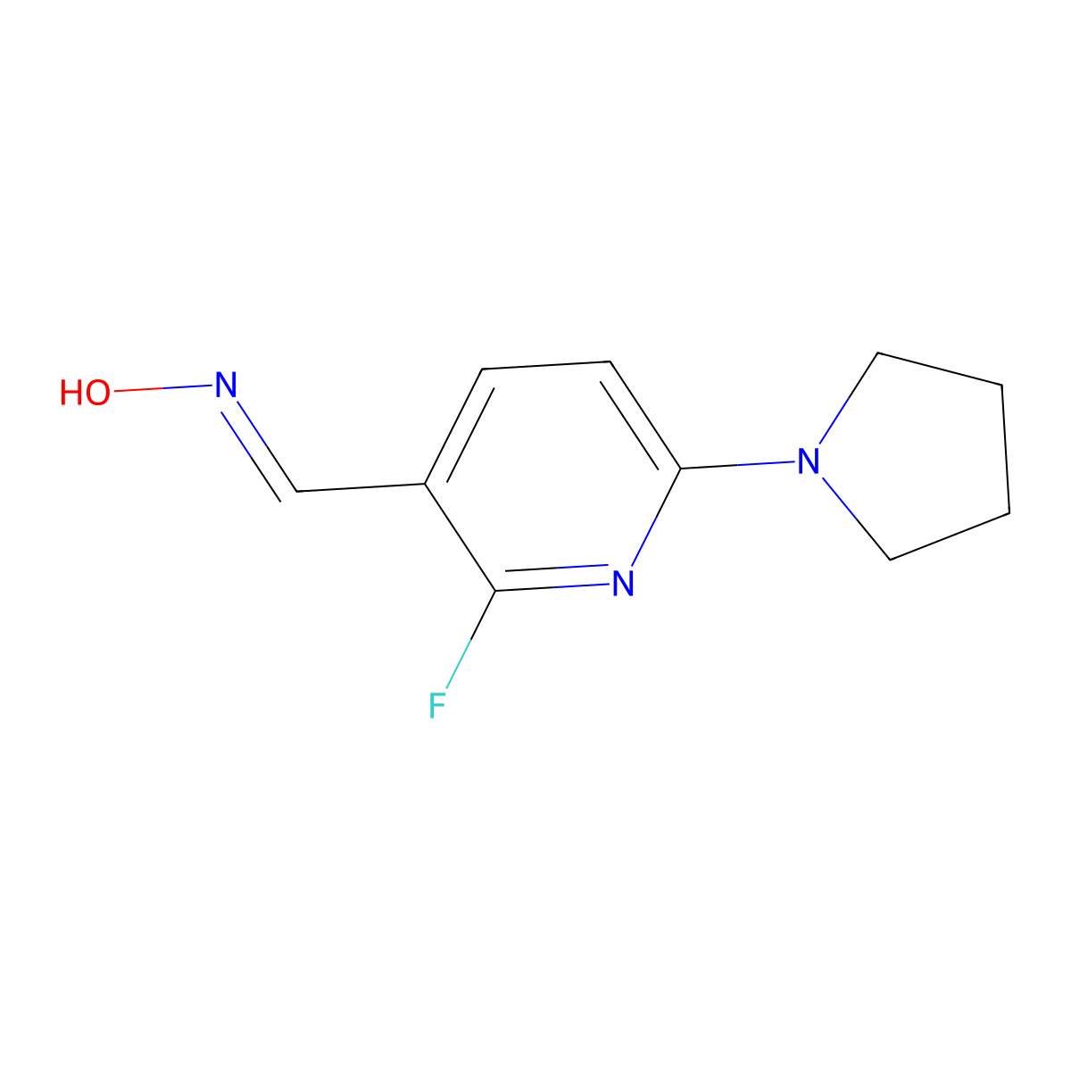 (E)-2-Fluoro-6-(pyrrolidin-1-yl)nicotinaldehyde oxime molecular structure, CAS 1228670-40-3
