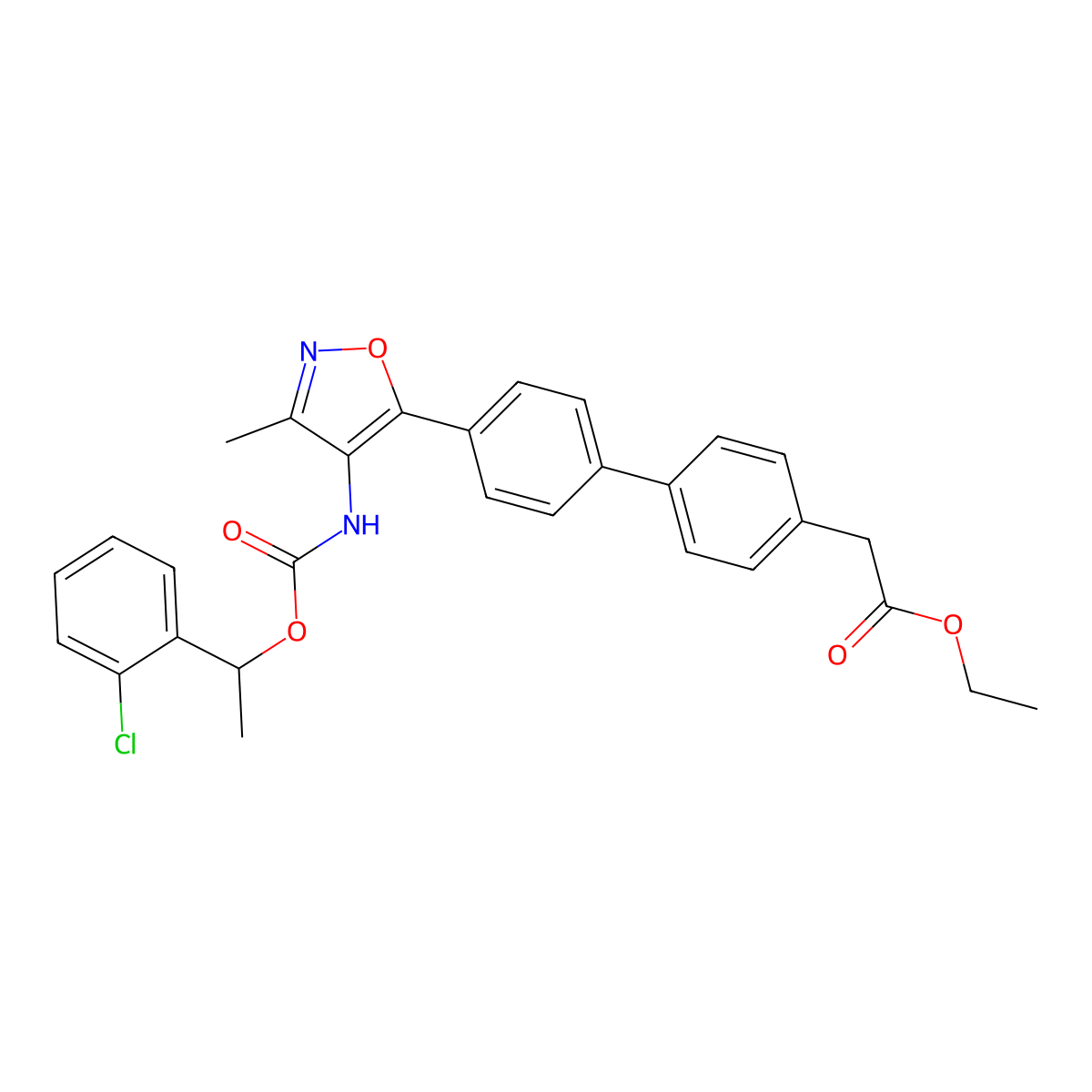 [1,1'-Biphenyl]-4-acetic acid, 4'-[4-[[[(1R)-1-(2-chlorophenyl)ethoxy]carbonyl]amino]-3-methyl-5-isoxazolyl]-, ethyl ester molecular structure, CAS 1228690-21-8