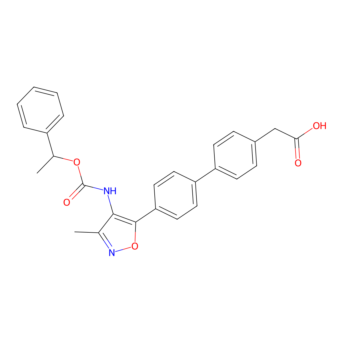 2-[4-[4-[3-methyl-4-[[(1R)-1-phenylethoxy]carbonylamino]-1,2-oxazol-5-yl]phenyl]phenyl]acetic acid molecular structure, CAS 1228690-36-5