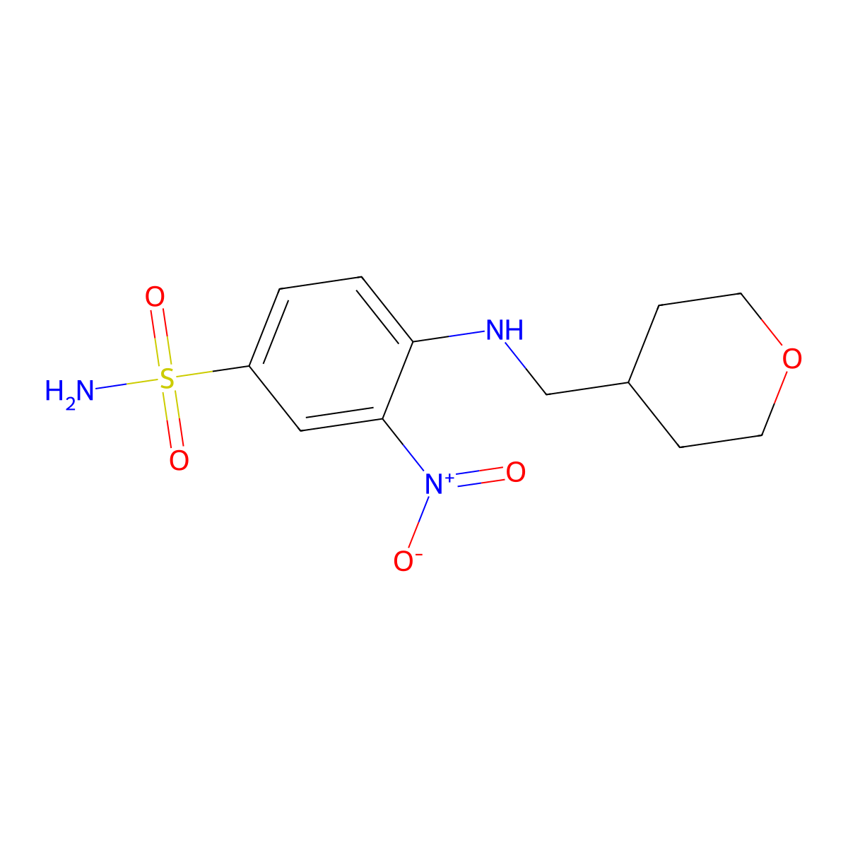 3-Nitro-4-(((tetrahydro-2H-pyran-4-yl) methyl)amino) benzene sulfonamide molecular structure, CAS 1228779-96-1