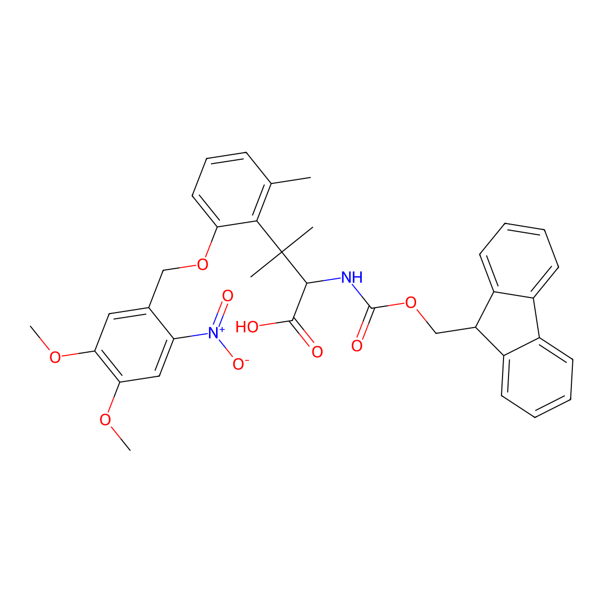 2-((((9H-Fluoren-9-yl)methoxy)carbonyl)amino)-3-(2-((4,5-dimethoxy-2-nitrobenzyl)oxy)-6-methylphenyl)-3-methylbutanoic acid molecular structure, CAS 1228829-20-6