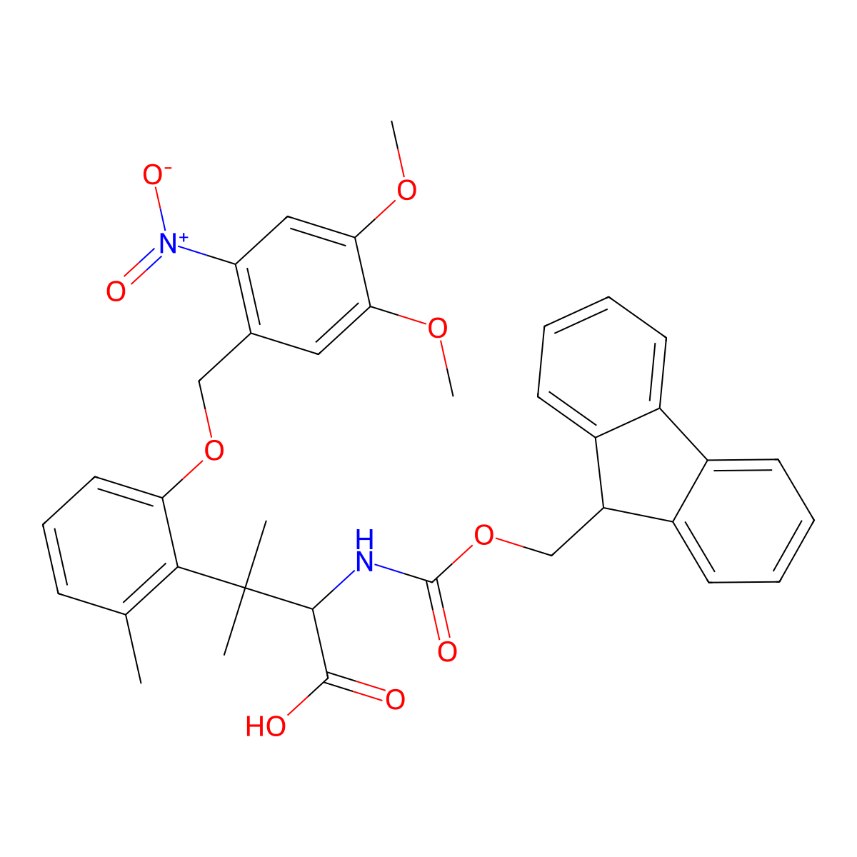 2-((((9H-Fluoren-9-yl)methoxy)carbonyl)amino)-3-(2-((4,5-dimethoxy-2-nitrobenzyl)oxy)-6-methylphenyl)-3-methylbutanoic acid molecular structure, CAS 1228829-20-6