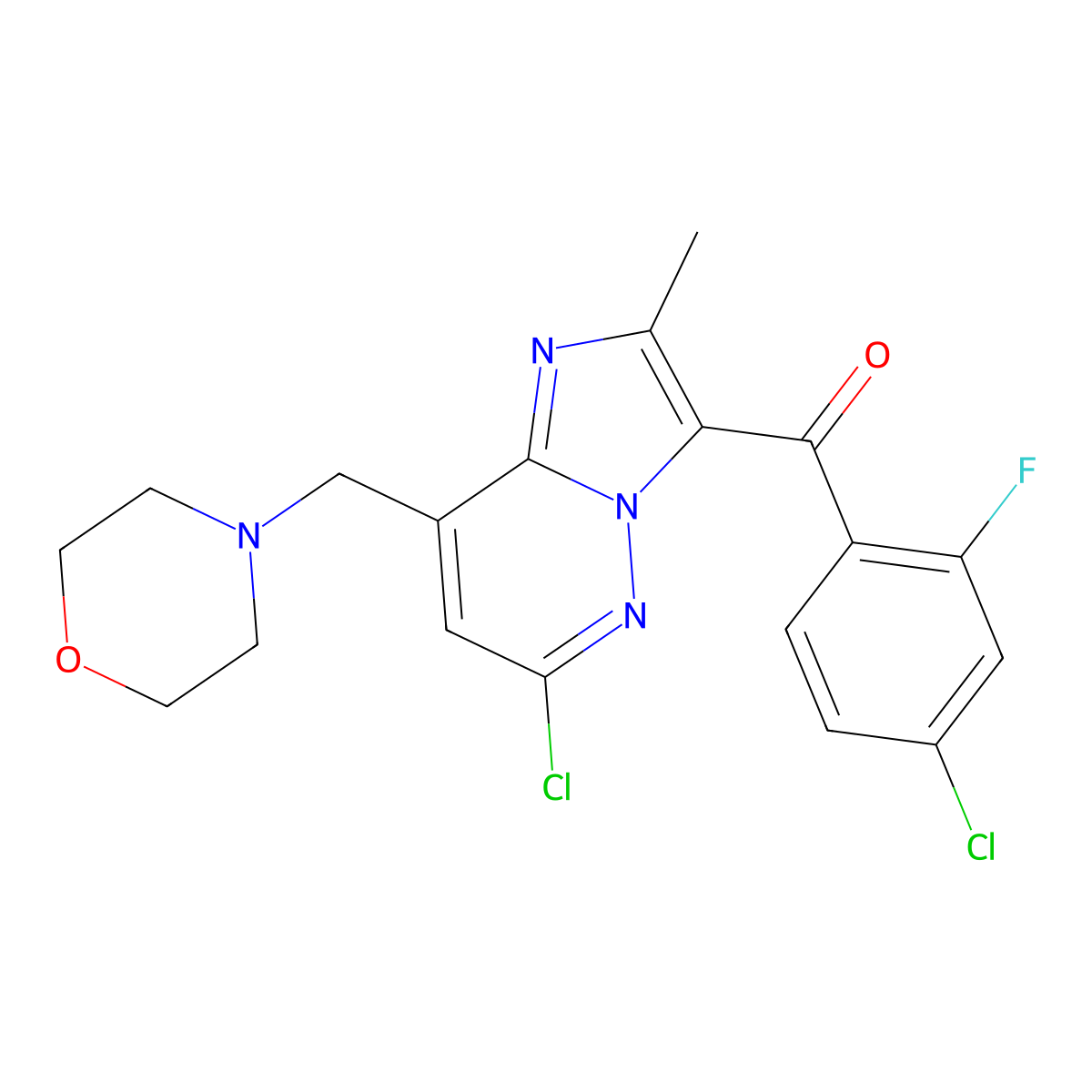 (4-Chloro-2-fluorophenyl)(6-chloro-2-methyl-8-(morpholinomethyl)imidazo[1,2-b]pyridazin-3-yl)methanone molecular structure, CAS 1229236-83-2
