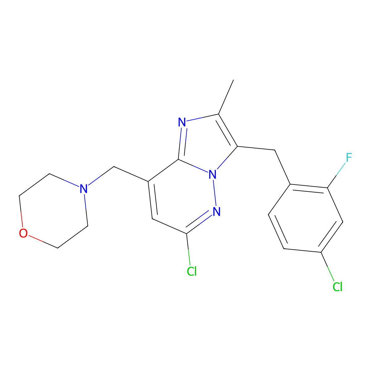 4-[[6-Chloro-3-(4-chloro-2-fluorobenzyl)-2-methylimidazo[1,2-b]pyridazin-8-yl]methyl]morpholine molecular structure, CAS 1229236-85-4