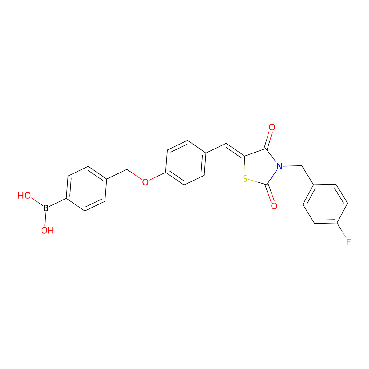 [4-[[4-[(Z)-[3-[(4-fluorophenyl)methyl]-2,4-dioxo-1,3-thiazolidin-5-ylidene]methyl]phenoxy]methyl]phenyl]boronic acid molecular structure, CAS 1229652-22-5
