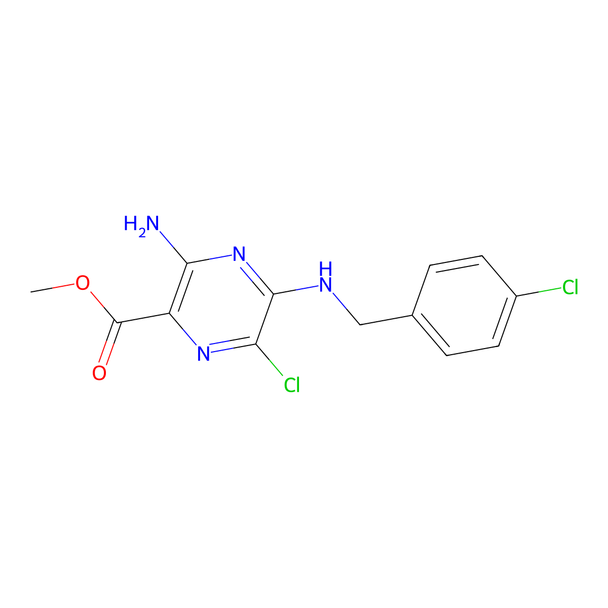 Methyl 3-amino-6-chloro-5-((4-chlorobenzyl)amino)pyrazine-2-carboxylate molecular structure, CAS 1230-63-3