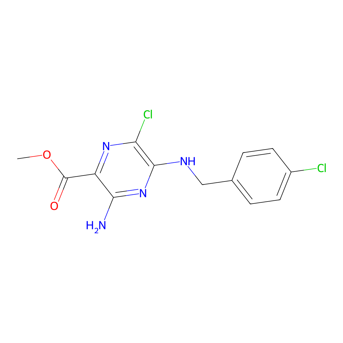 Methyl 3-amino-6-chloro-5-((4-chlorobenzyl)amino)pyrazine-2-carboxylate molecular structure, CAS 1230-63-3