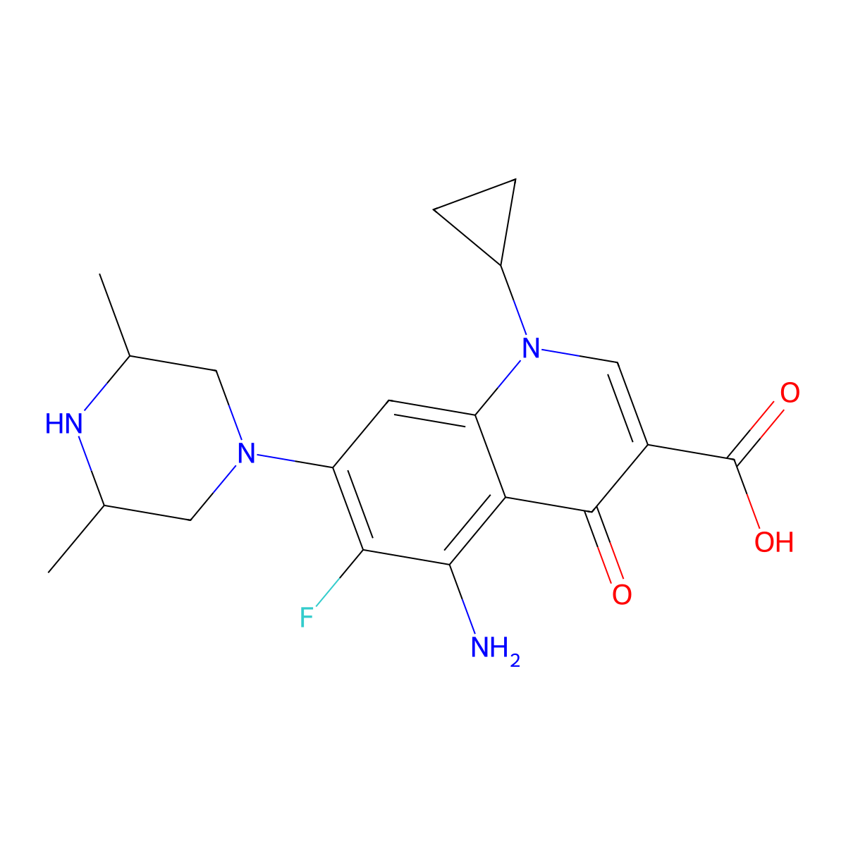 5-Amino-1-cyclopropyl-7-(3,5-dimethylpiperazin-1-yl)-6-fluoro-4-oxoquinoline-3-carboxylic acid molecular structure, CAS 123016-40-0