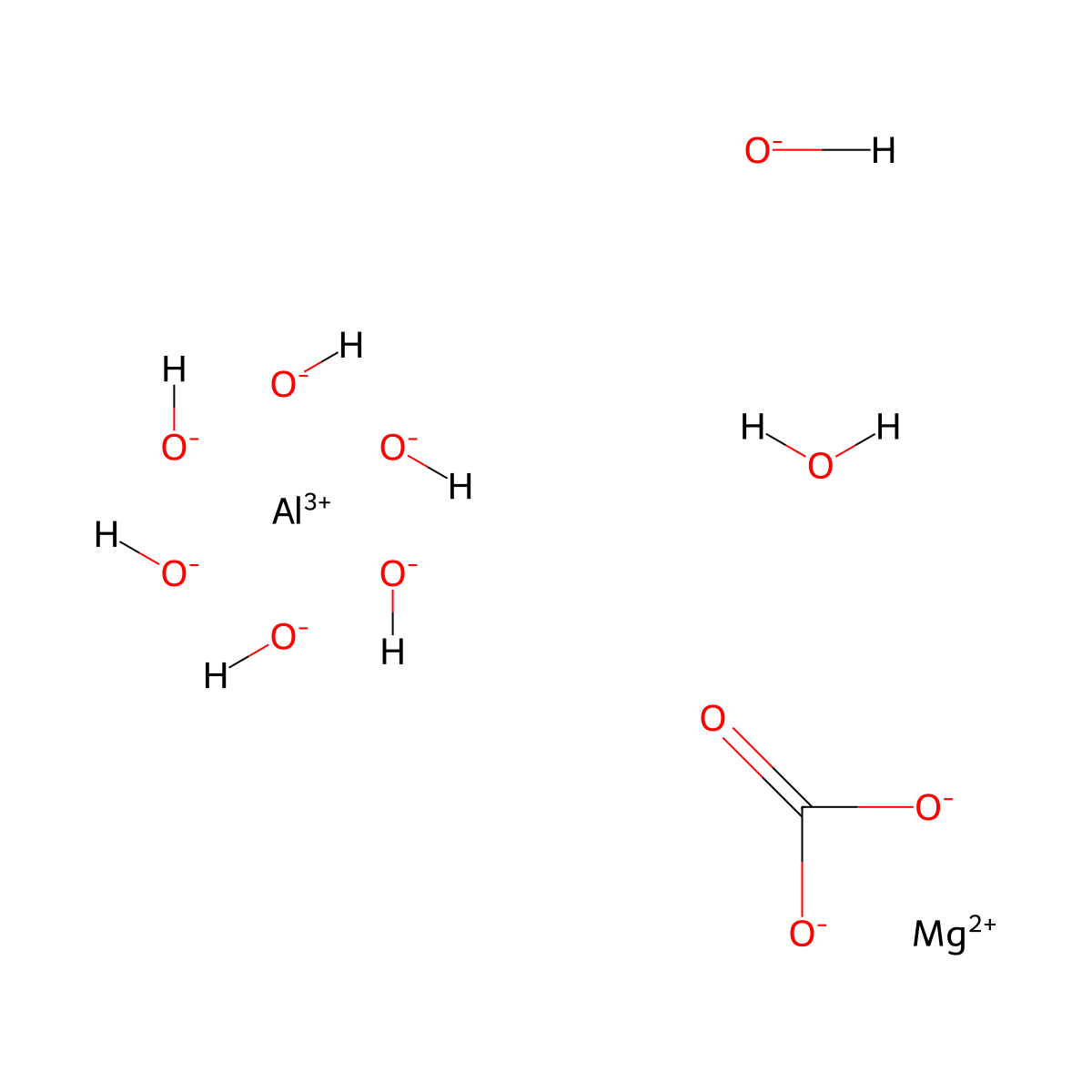 Hydrotalcite (Mg6(CO3)(Al(OH)6)2(OH)4.4H2O) molecular structure, CAS 12304-65-3