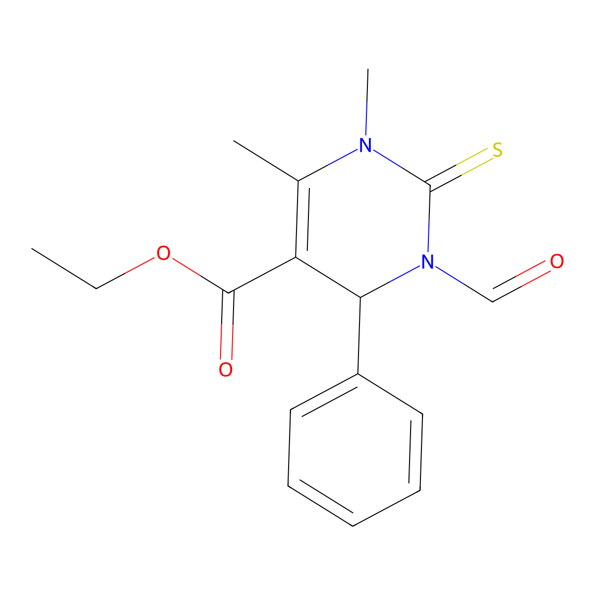 ethyl 3-formyl-1,6-dimethyl-4-phenyl-2-sulfanylidene-4H-pyrimidine-5-carboxylate molecular structure, CAS 123044-11-1