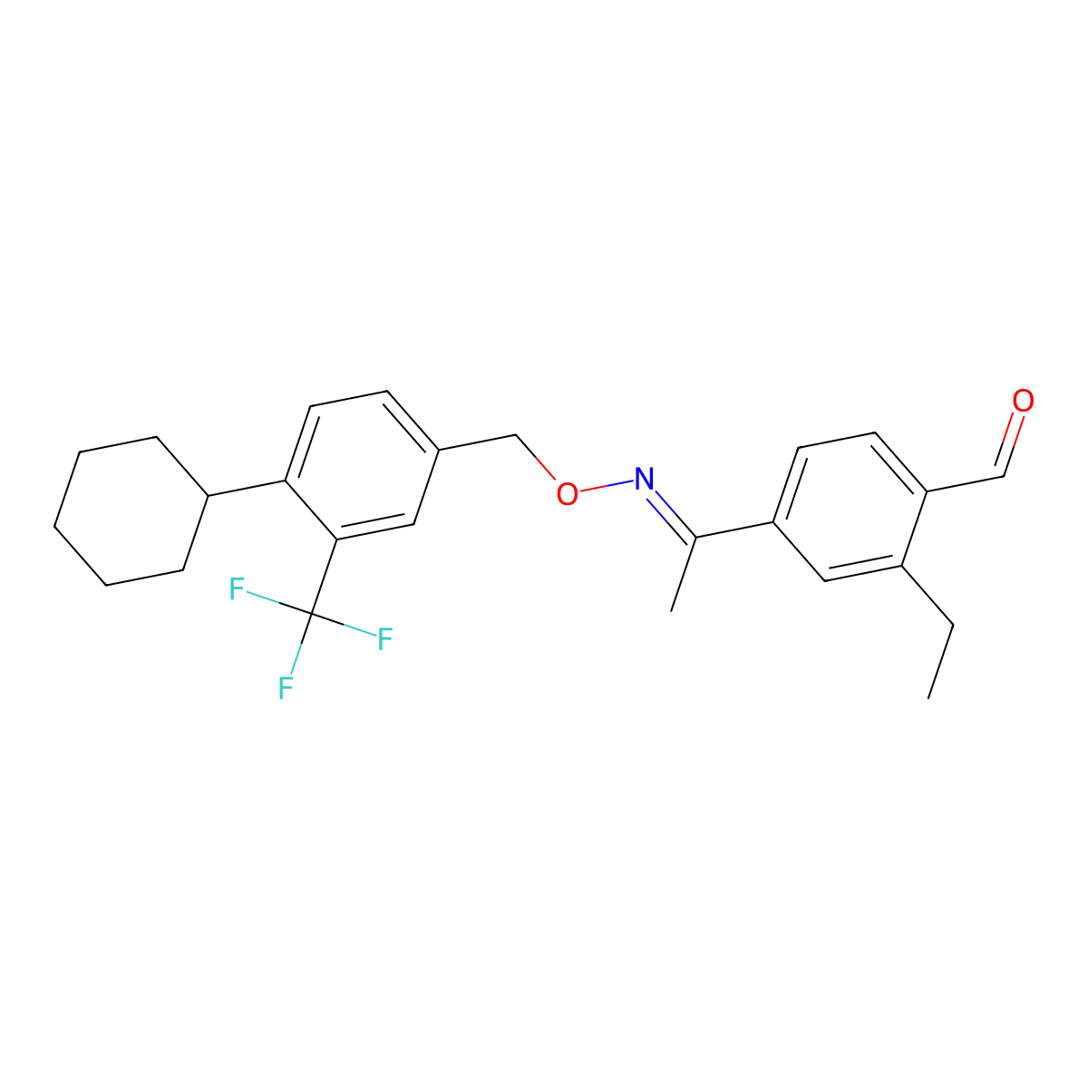 Benzaldehyde, 4-[(1E)-1-[[[4-cyclohexyl-3-(trifluoromethyl)phenyl]methoxy]imino]ethyl]-2-ethyl- molecular structure, CAS 1230487-01-0