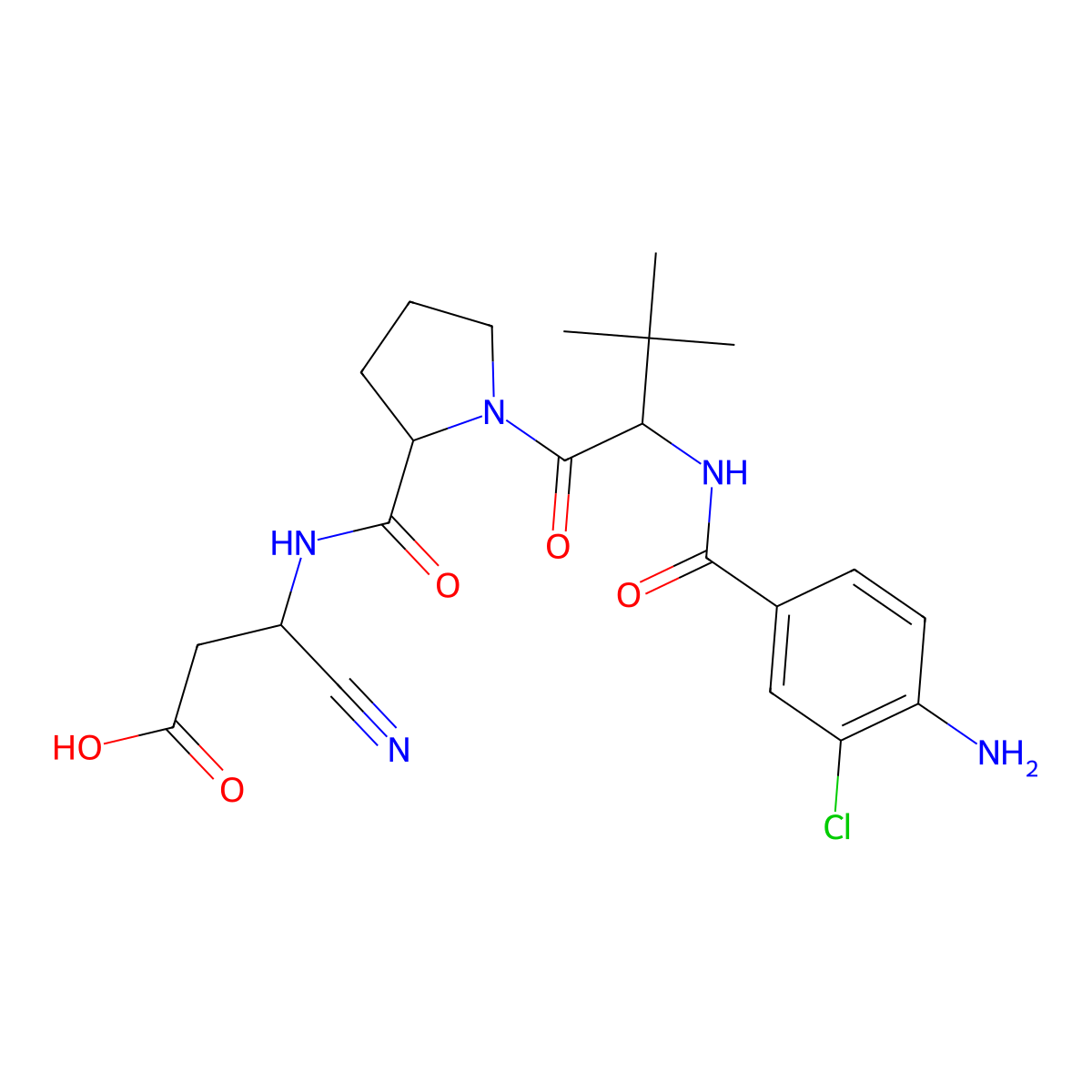 (3S)-3-[[[(2S)-1-[(2S)-2-[[(4-amino-3-chlorophenyl)-oxomethyl]amino]-3,3-dimethyl-1-oxobutyl]-2-pyrrolidinyl]-oxomethyl]amino]-3-cyanopropanoic acid molecular structure, CAS 1230628-71-3