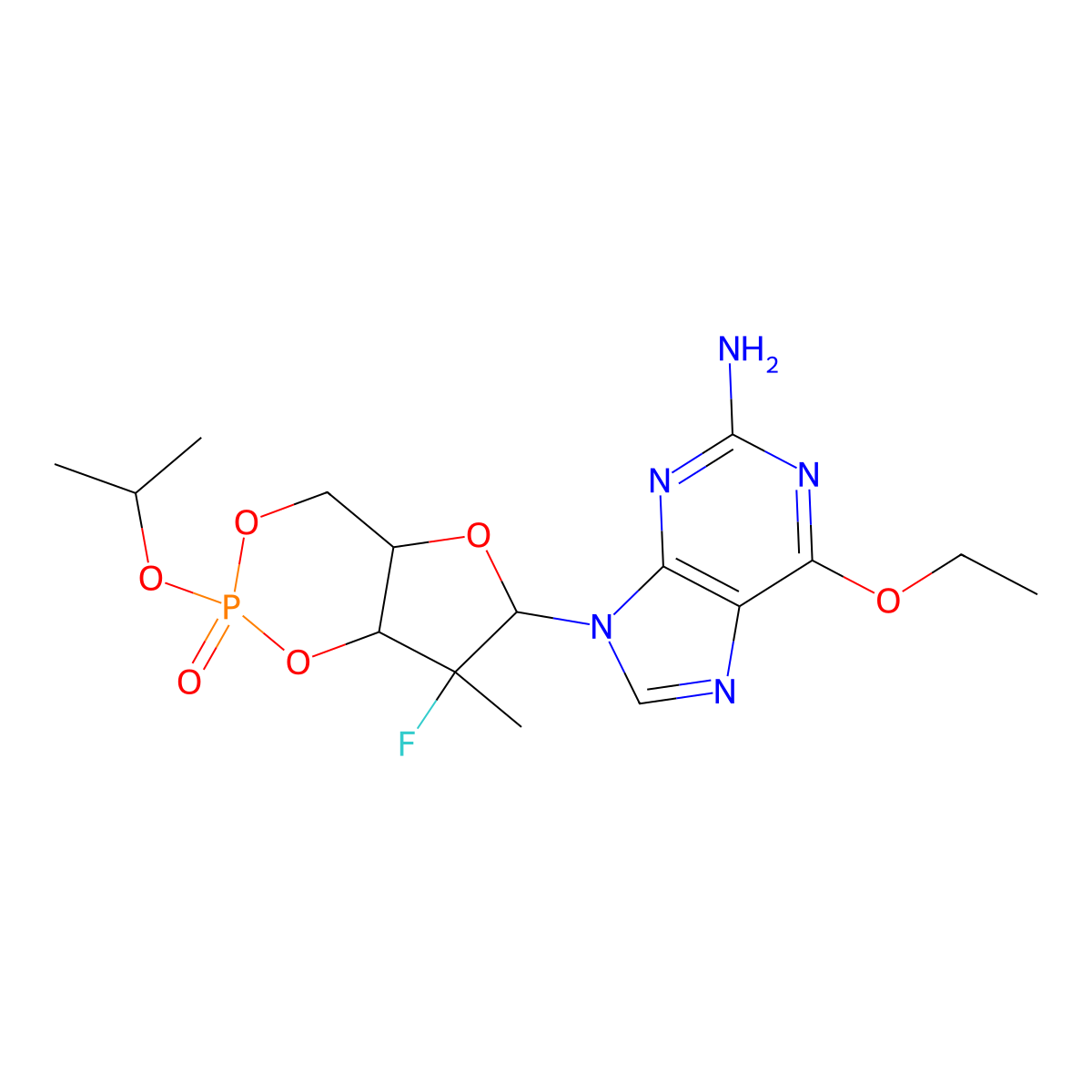 9-[(4aR,6R,7R,7aR)-7-fluoro-7-methyl-2-oxo-2-propan-2-yloxy-4,4a,6,7a-tetrahydrofuro[3,2-d][1,3,2]dioxaphosphinin-6-yl]-6-ethoxypurin-2-amine molecular structure, CAS 1231747-17-3