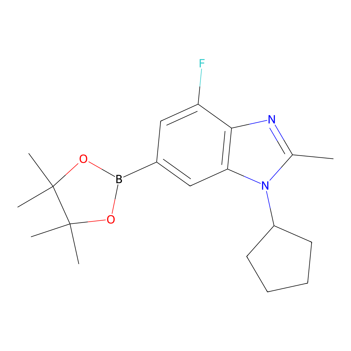 1-Cyclopentyl-4-fluoro-2-methyl-6-(4,4,5,5-tetramethyl-1,3,2-dioxaborolan-2-YL)-1H-benzo[D]imidazole molecular structure, CAS 1231930-41-8