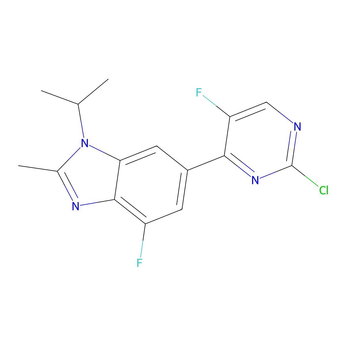 6-(2-Chloro-5-fluoro-4-pyrimidinyl)-4-fluoro-2-methyl-1-(1-methylethyl)-1H-benzimidazole molecular structure, CAS 1231930-42-9
