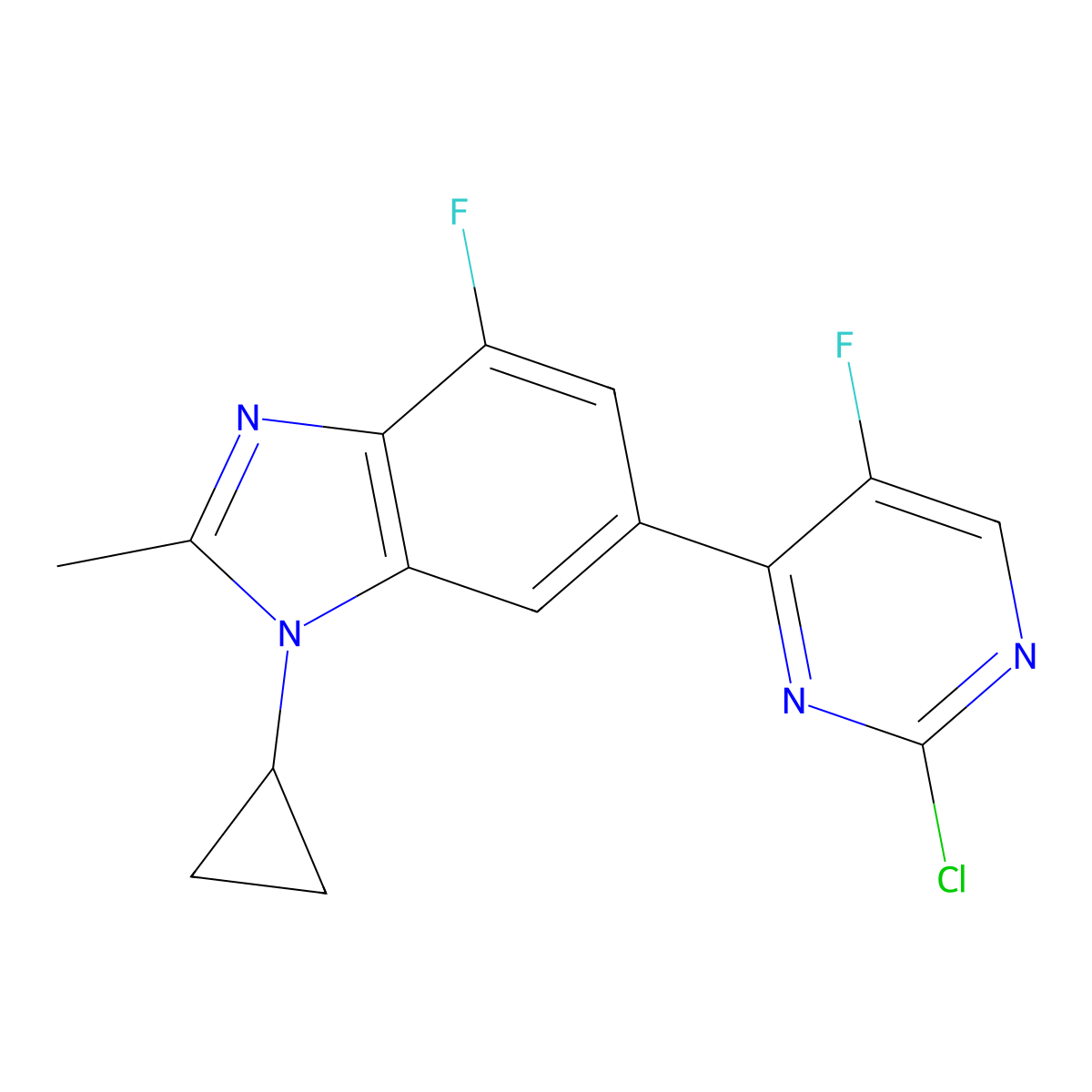 6-(2-chloro-5-fluoropyrimidin-4-yl)-1-cyclopropyl-4-fluoro-2-methyl-1H-benzo[d]imidazole molecular structure, CAS 1231930-43-0