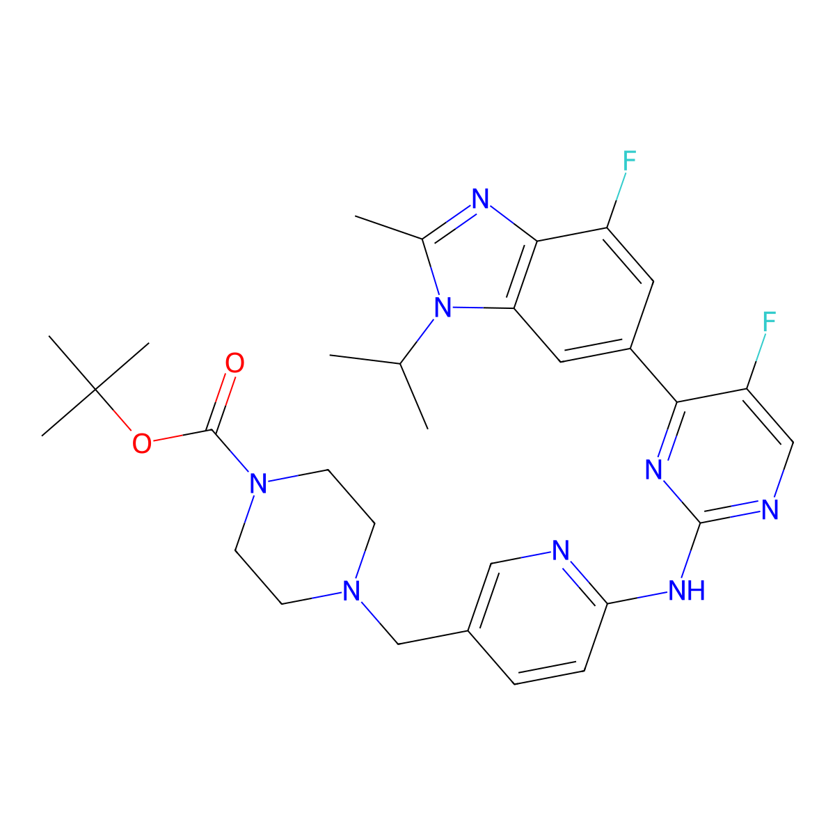 N-[5-[(4-Boc-1-piperazinyl)methyl]-2-pyridyl]-5-fluoro-4-(4-fluoro-1-isopropyl-2-methyl-6-benzimidazolyl)pyrimidin-2-amine molecular structure, CAS 1231930-48-5