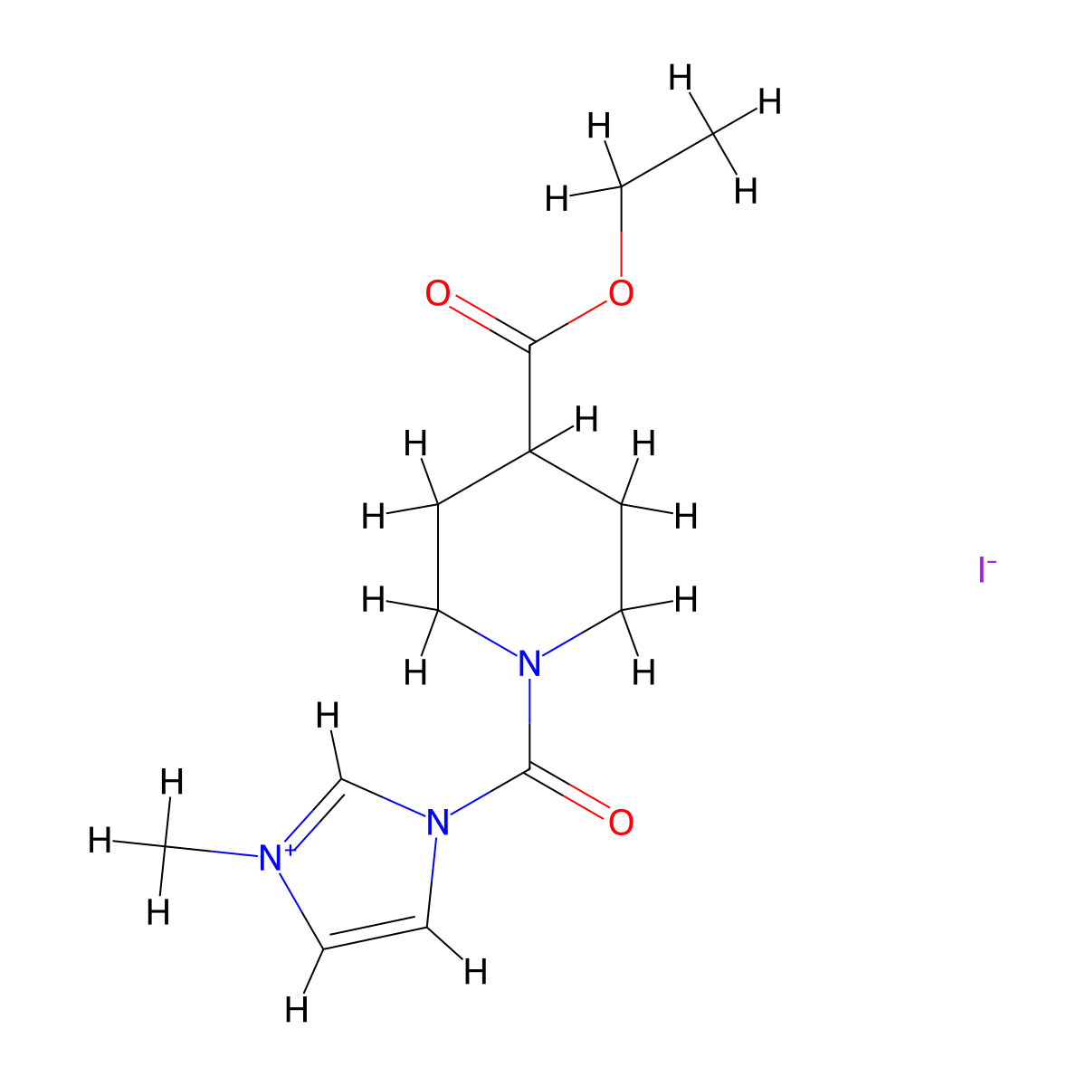 1-[4-(ethoxycarbonyl)piperidine-1-carbonyl]-3-methyl-1H-imidazol-3-ium iodide molecular structure, CAS 1231952-31-0