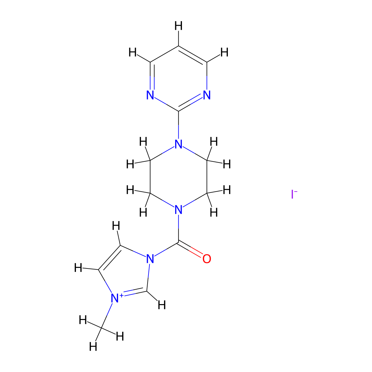 3-Methyl-1-[4-(pyrimidin-2-yl)piperazine-1-carbonyl]-1H-imidazol-3-ium iodide molecular structure, CAS 1231953-89-1