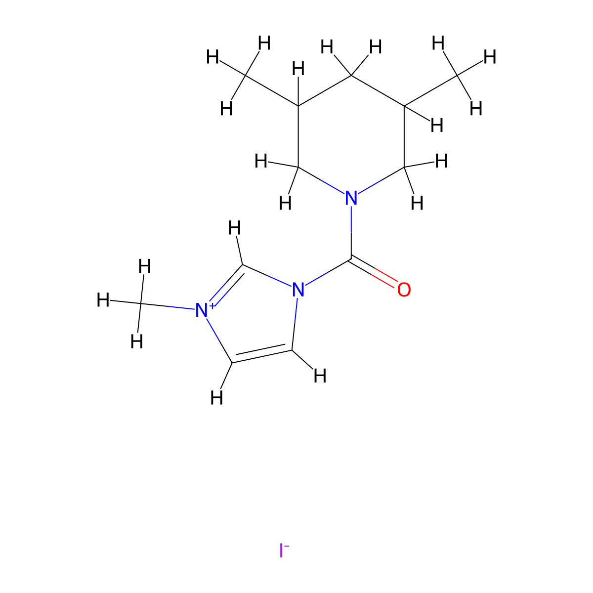 1-(3,5-dimethylpiperidine-1-carbonyl)-3-methyl-1H-imidazol-3-ium iodide molecular structure, CAS 1231954-03-2