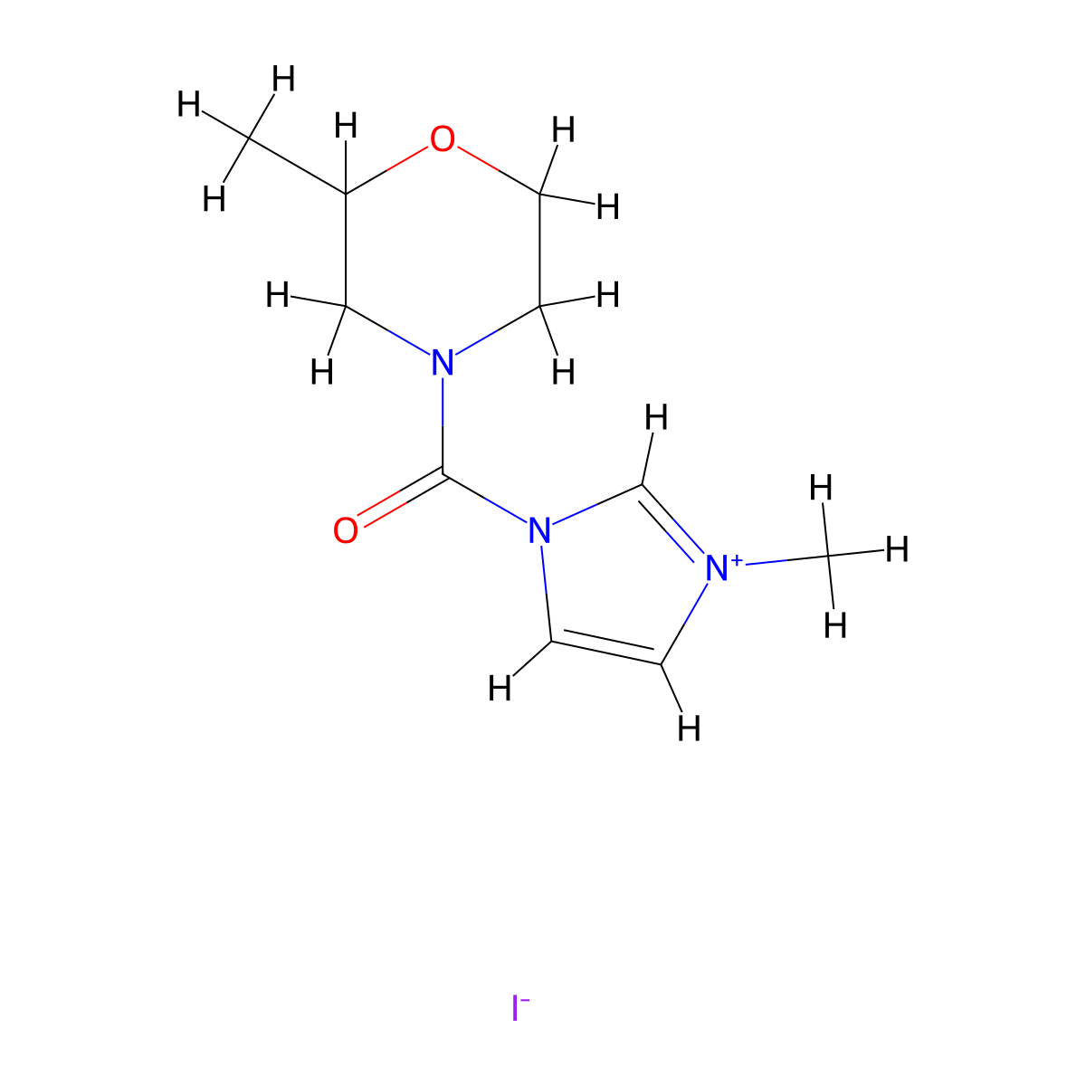 3-methyl-1-(2-methylmorpholine-4-carbonyl)-1H-imidazol-3-ium iodide molecular structure, CAS 1231958-35-2