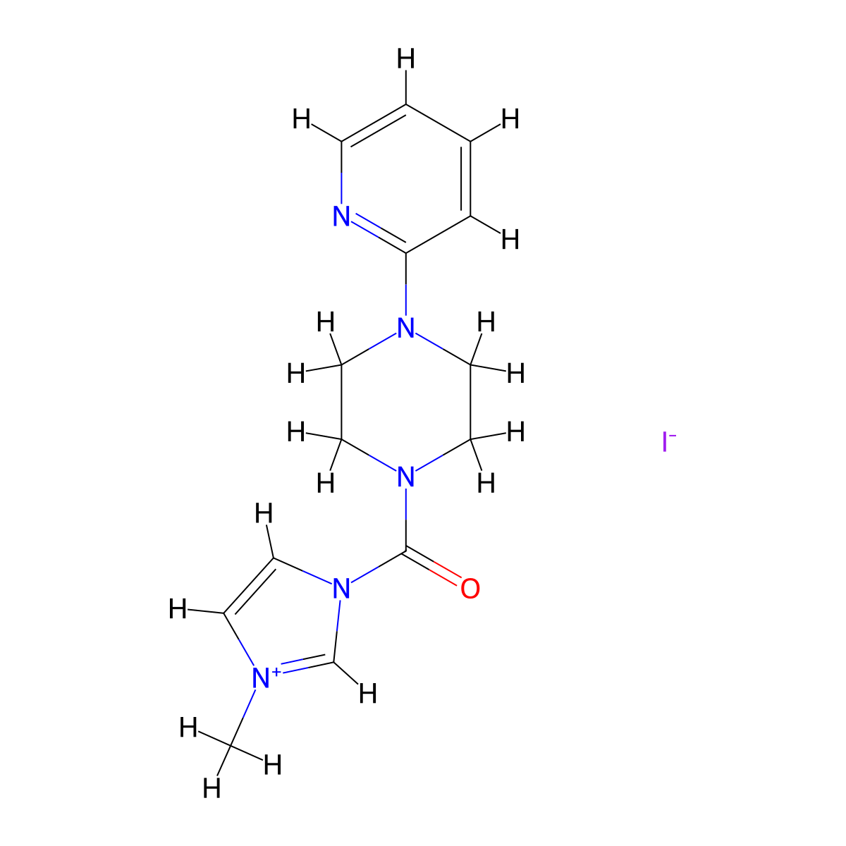 3-methyl-1-[4-(pyridin-2-yl)piperazine-1-carbonyl]-1H-imidazol-3-ium iodide molecular structure, CAS 1231959-23-1