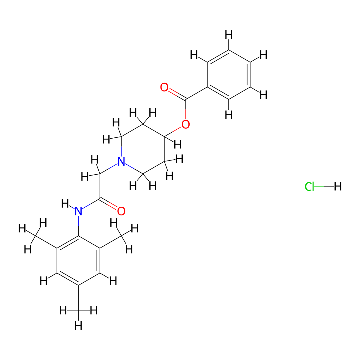 1-Piperidineacetamide, 4-(benzoyloxy)-N-(2,4,6-trimethylphenyl)-, monohydrochloride molecular structure, CAS 123202-96-0