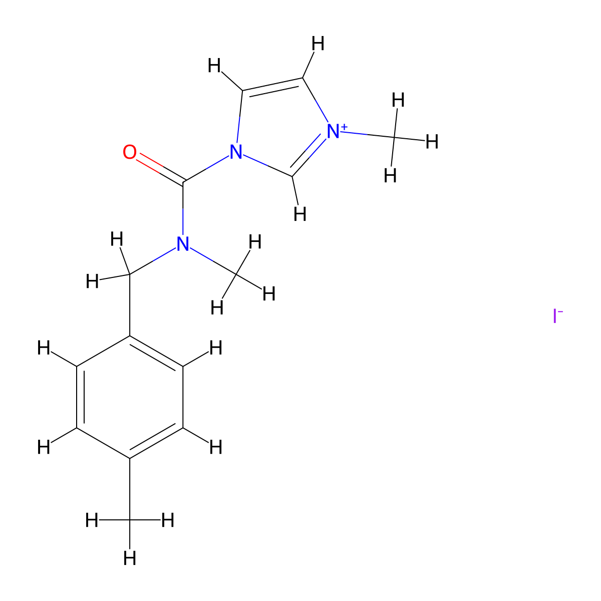 3-methyl-1-{methyl[(4-methylphenyl)methyl]carbamoyl}-1H-imidazol-3-ium iodide molecular structure, CAS 1232168-71-6