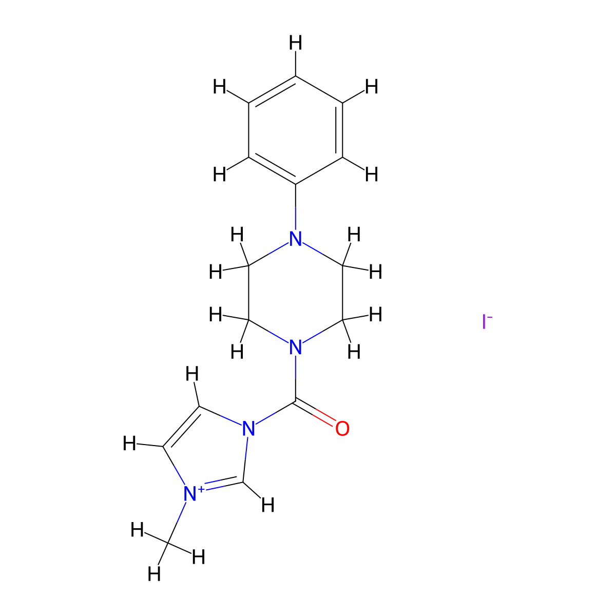 3-Methyl-1-(4-phenylpiperazine-1-carbonyl)-1H-imidazol-3-ium iodide molecular structure, CAS 1232232-84-6