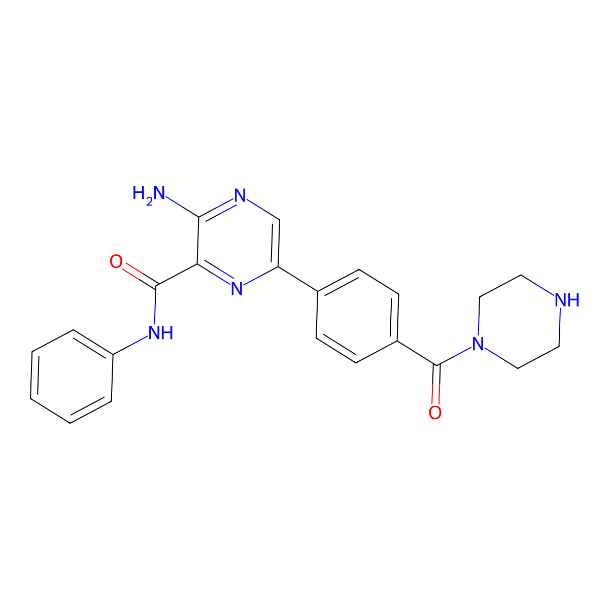 3-Amino-n-phenyl-6-(4-(piperazine-1-carbonyl)phenyl)pyrazine-2-carboxamide molecular structure, CAS 1232410-41-1