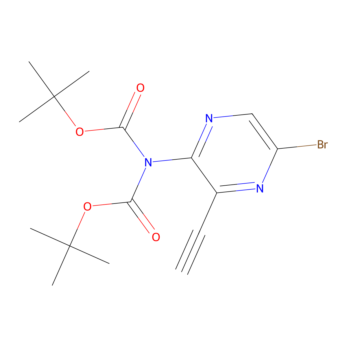 tert-butyl N-(5-bromo-3-ethynylpyrazin-2-yl)-N-[(tert-butoxy)carbonyl]carbamate molecular structure, CAS 1232423-55-0
