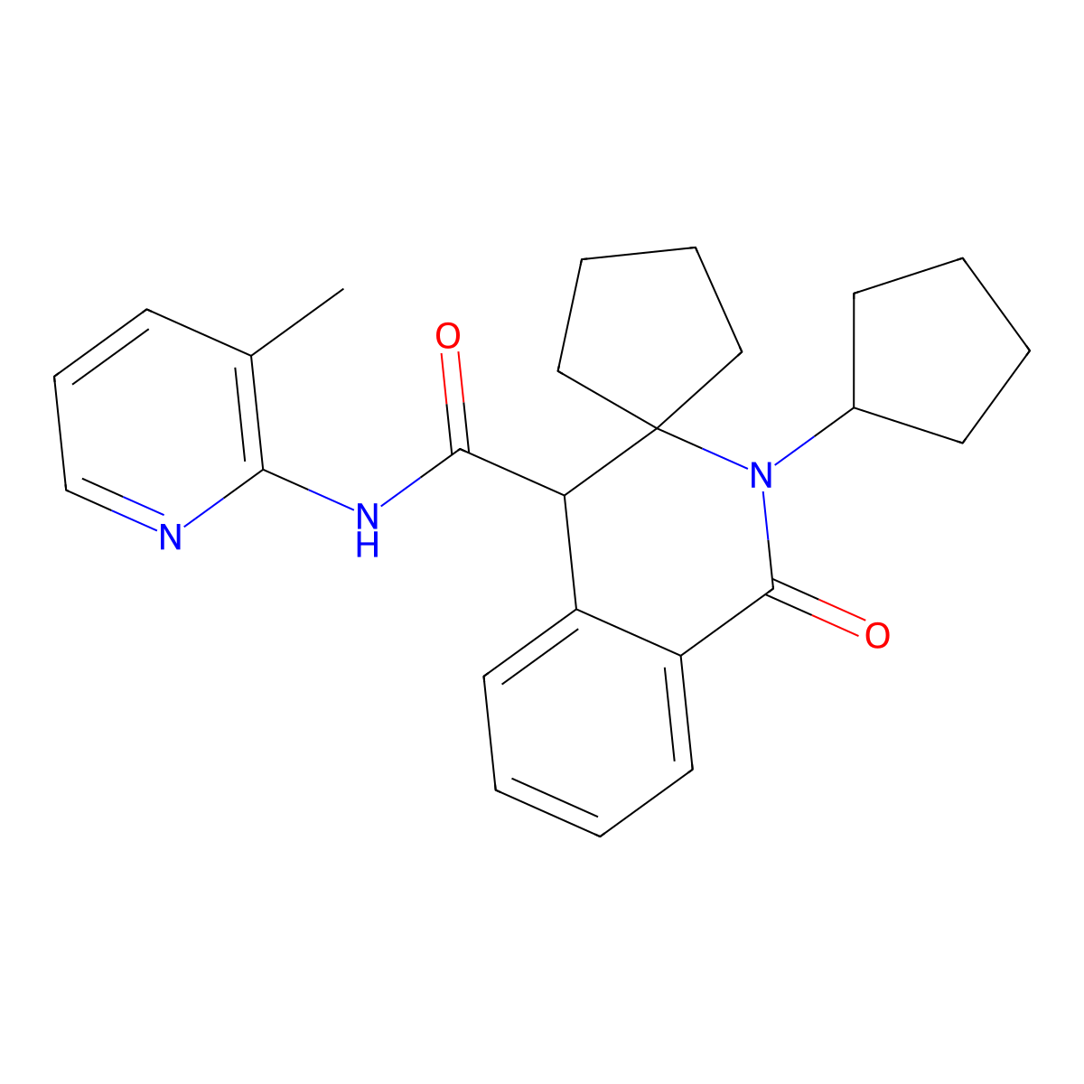 2'-cyclopentyl-N-(3-methylpyridin-2-yl)-1'-oxo-1',4'-dihydro-2'H-spiro[cyclopentane-1,3'-isoquinoline]-4'-carboxamide molecular structure, CAS 1232691-33-6