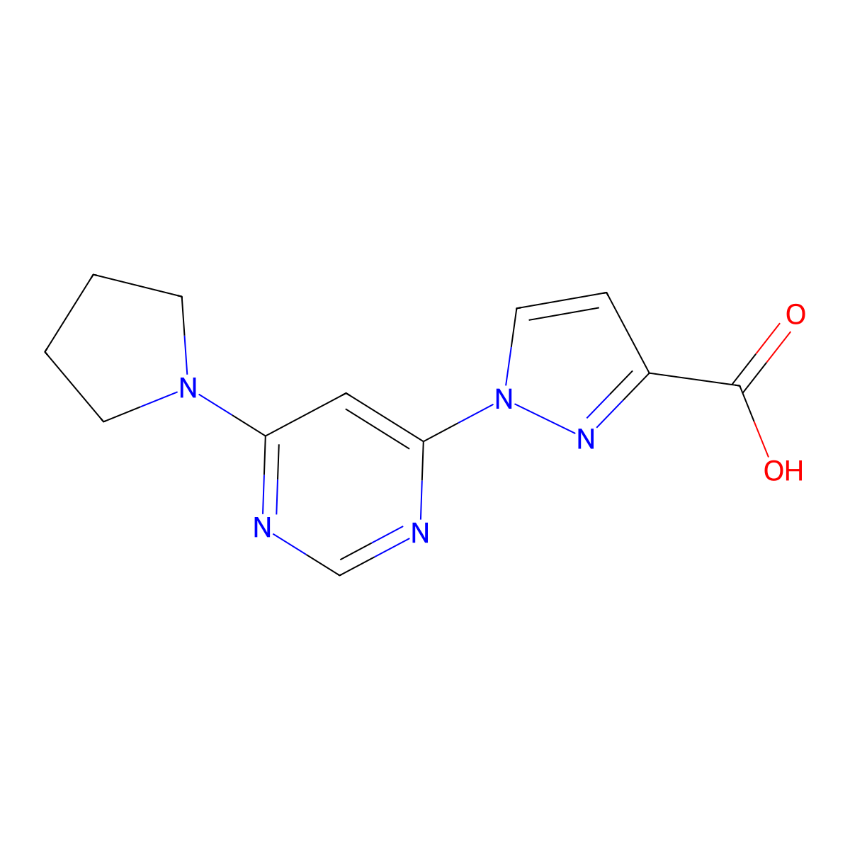 1-[6-(pyrrolidin-1-yl)pyrimidin-4-yl]-1H-pyrazole-3-carboxylic acid molecular structure, CAS 1232694-36-8