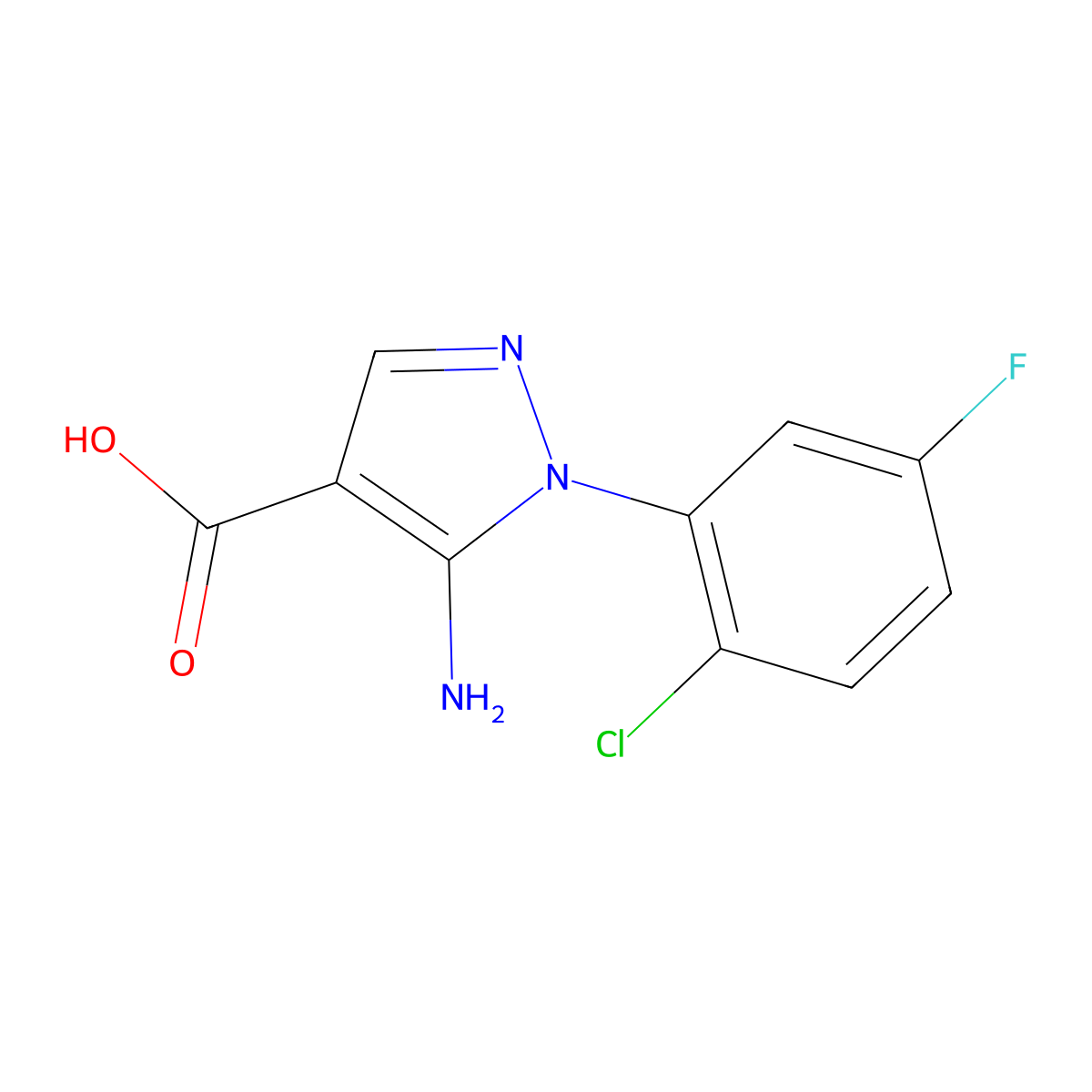 5-amino-1-(2-chloro-5-fluorophenyl)-1H-pyrazole-4-carboxylic acid molecular structure, CAS 1232770-50-1