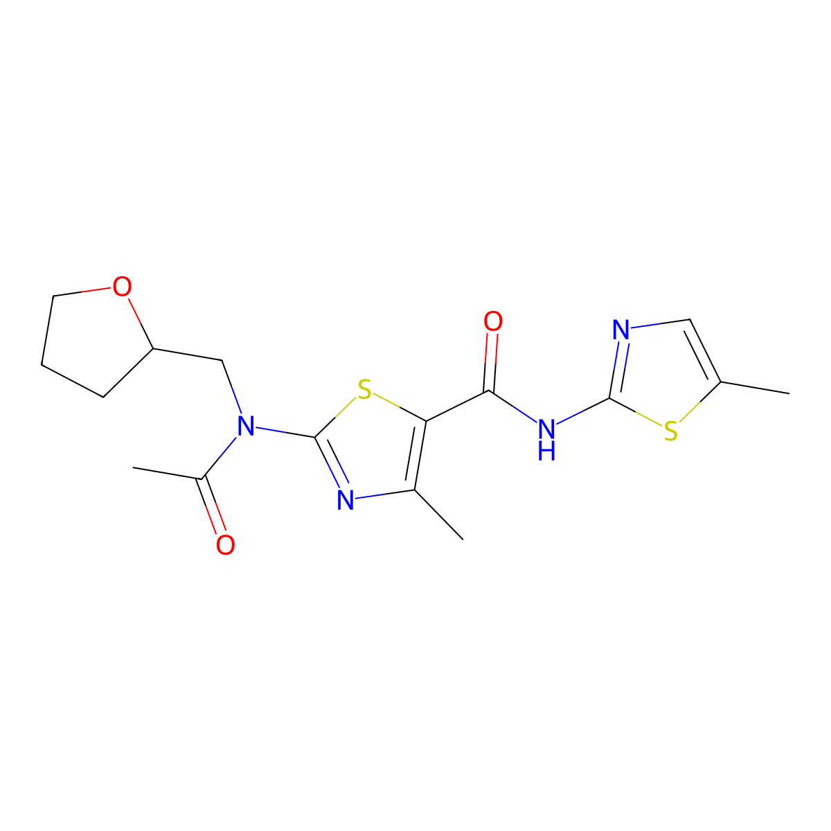 2-[acetyl(tetrahydrofuran-2-ylmethyl)amino]-4-methyl-N-(5-methyl-1,3-thiazol-2-yl)-1,3-thiazole-5-carboxamide molecular structure, CAS 1232770-52-3