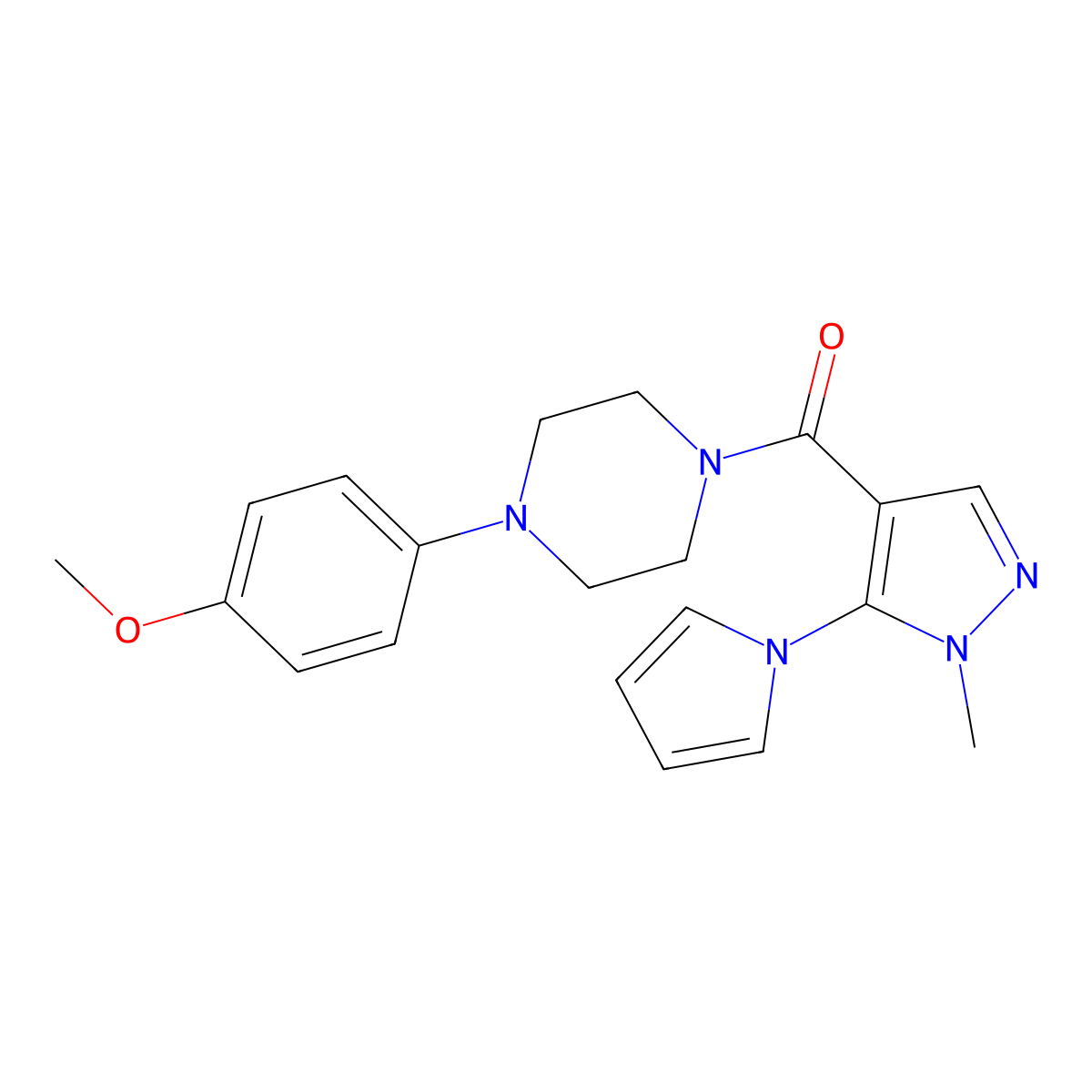 (4-(4-methoxyphenyl)piperazin-1-yl)(1-methyl-5-(1H-pyrrol-1-yl)-1H-pyrazol-4-yl)methanone molecular structure, CAS 1232776-96-3