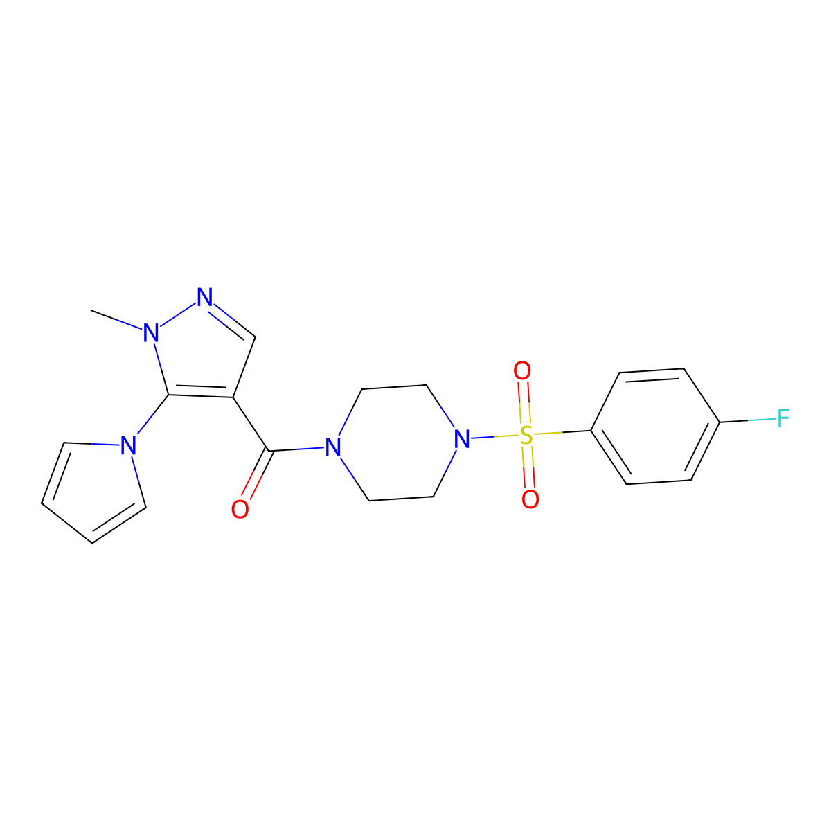 (4-((4-fluorophenyl)sulfonyl)piperazin-1-yl)(1-methyl-5-(1H-pyrrol-1-yl)-1H-pyrazol-4-yl)methanone molecular structure, CAS 1232778-49-2