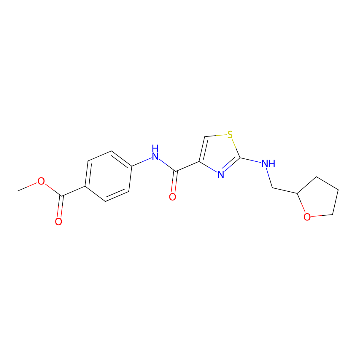 Methyl 4-[({2-[(tetrahydro-2-furanylmethyl)amino]-1,3-thiazol-4-yl}carbonyl)amino]benzoate molecular structure, CAS 1232778-66-3