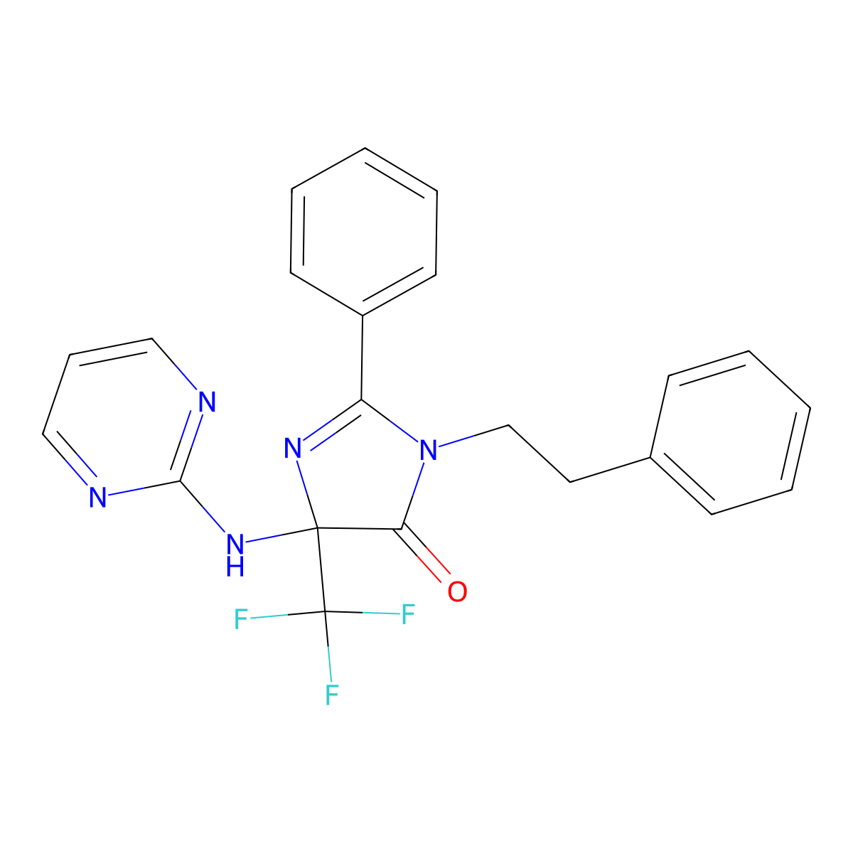 2-phenyl-3-(2-phenylethyl)-5-(pyrimidin-2-ylamino)-5-(trifluoromethyl)-3,5-dihydro-4H-imidazol-4-one molecular structure, CAS 1232779-92-8