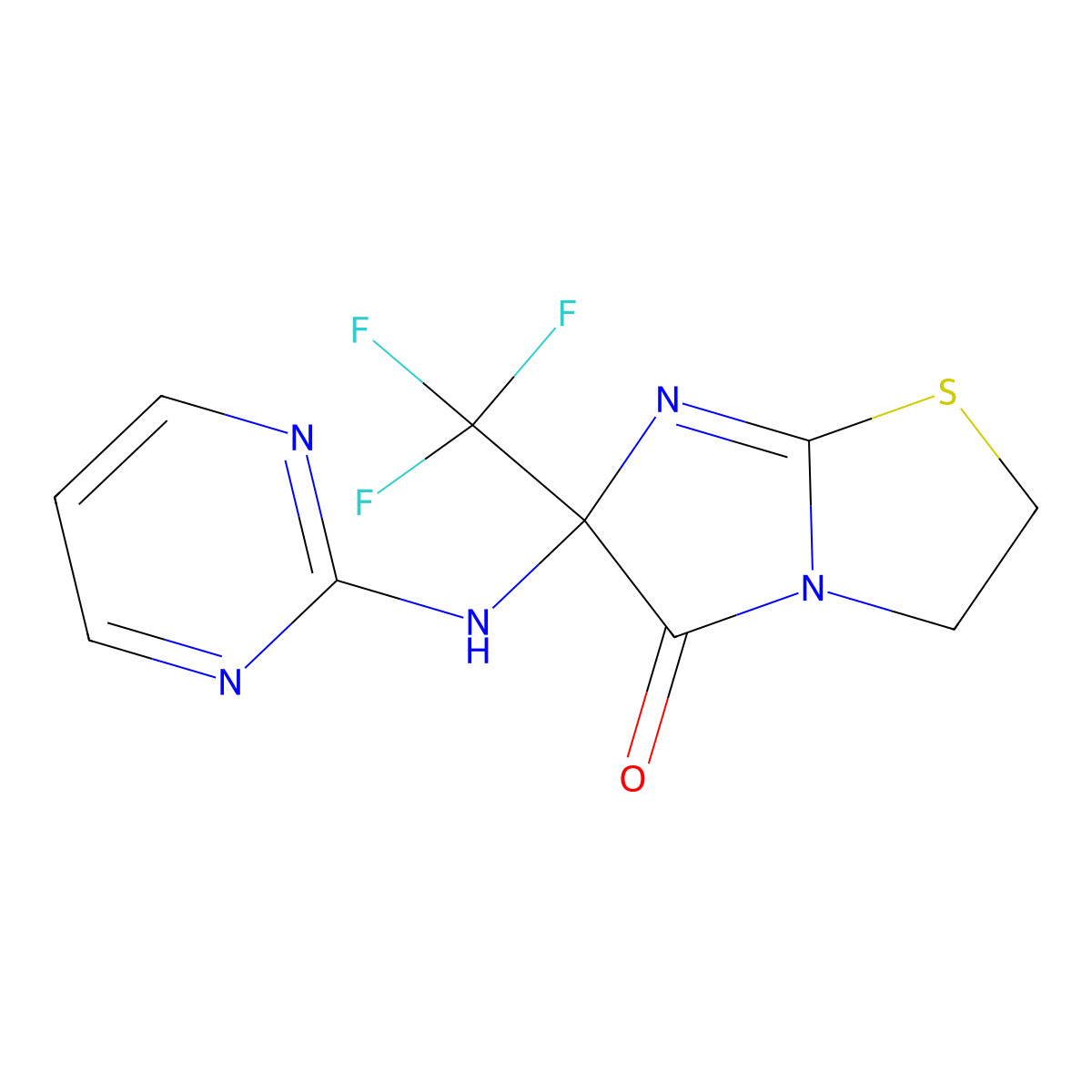 6-(pyrimidin-2-ylamino)-6-(trifluoromethyl)-2,3-dihydroimidazo[2,1-b][1,3]thiazol-5(6H)-one molecular structure, CAS 1232784-22-3