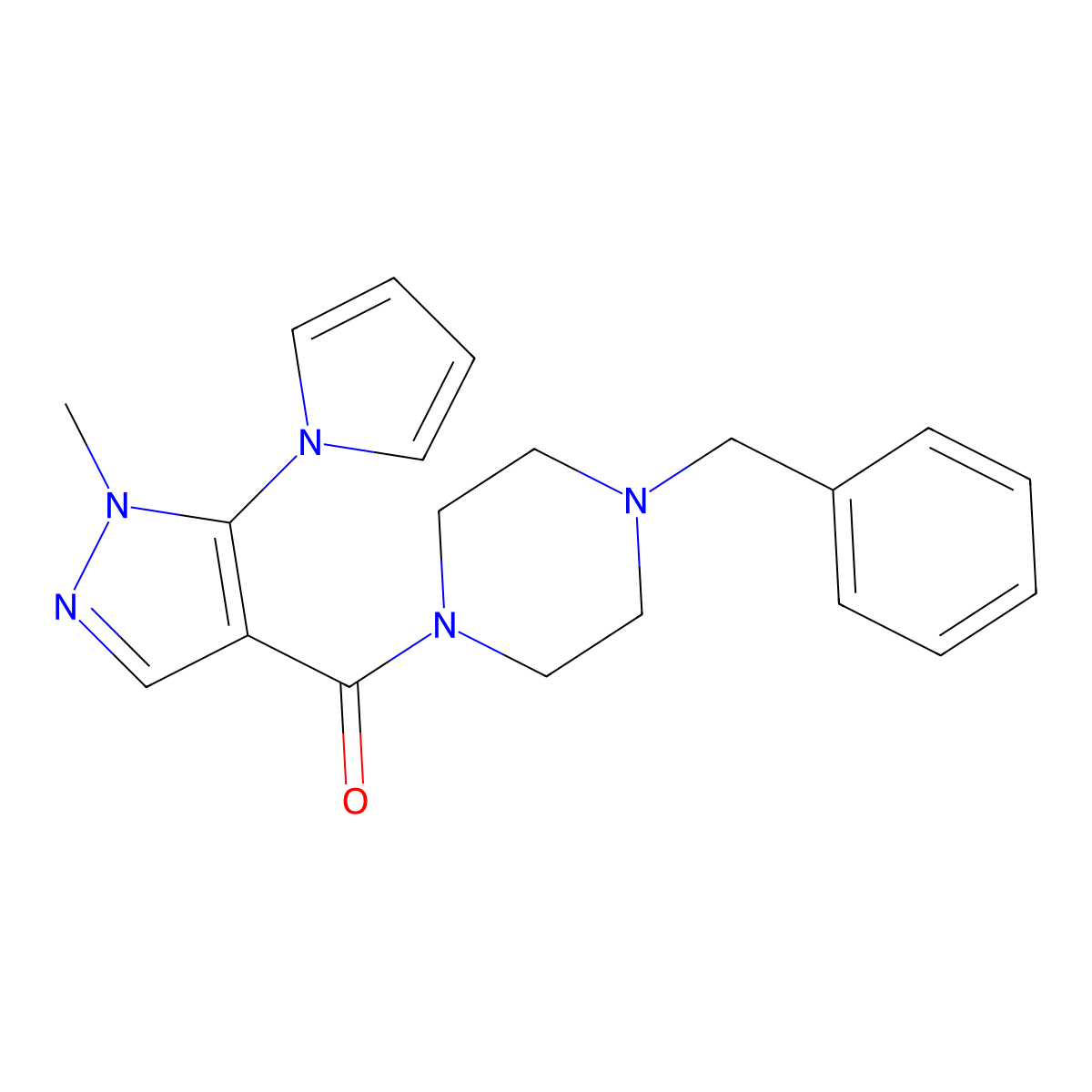 (4-benzylpiperazin-1-yl)(1-methyl-5-(1H-pyrrol-1-yl)-1H-pyrazol-4-yl)methanone molecular structure, CAS 1232784-28-9
