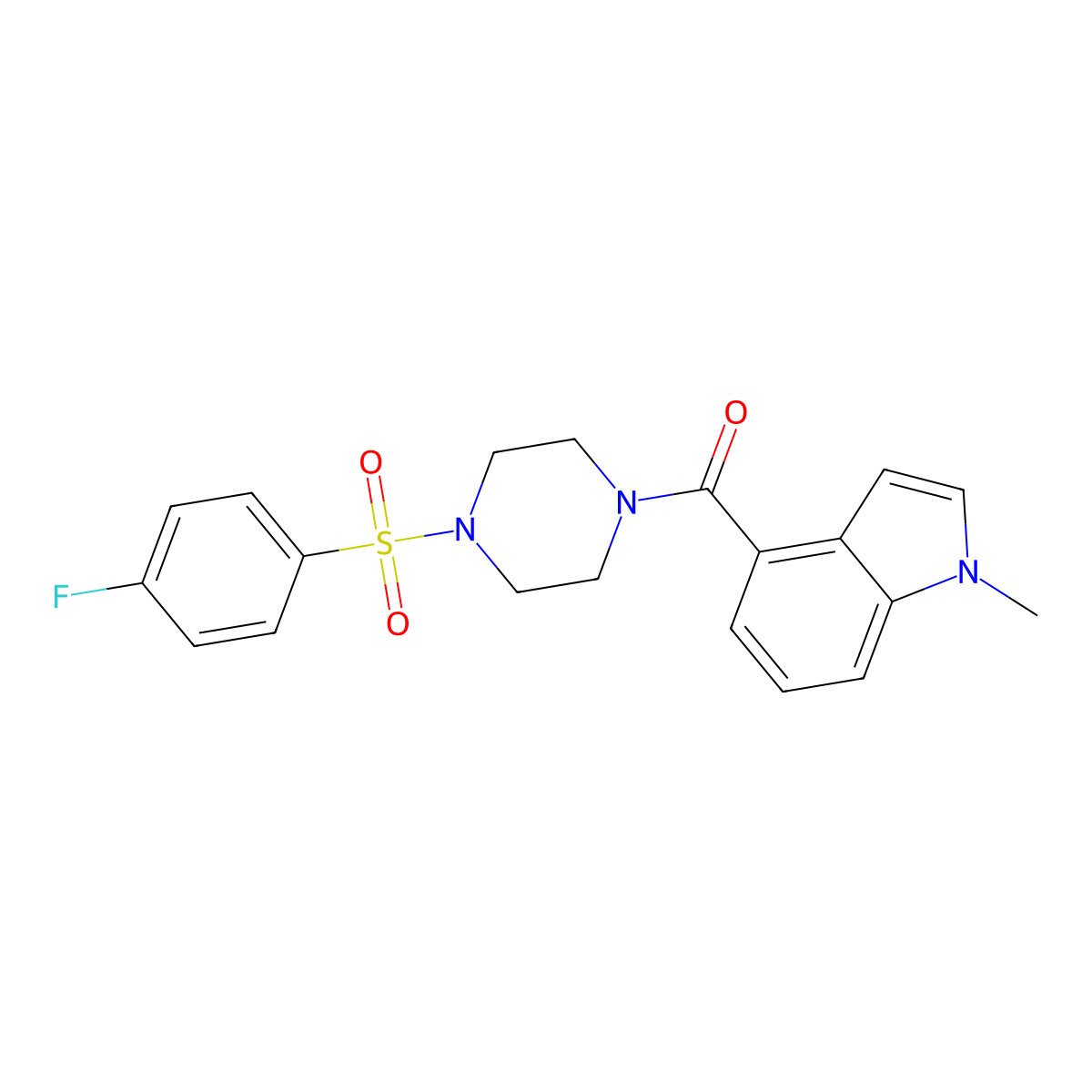 (4-((4-fluorophenyl)sulfonyl)piperazin-1-yl)(1-methyl-1H-indol-4-yl)methanone molecular structure, CAS 1232784-51-8
