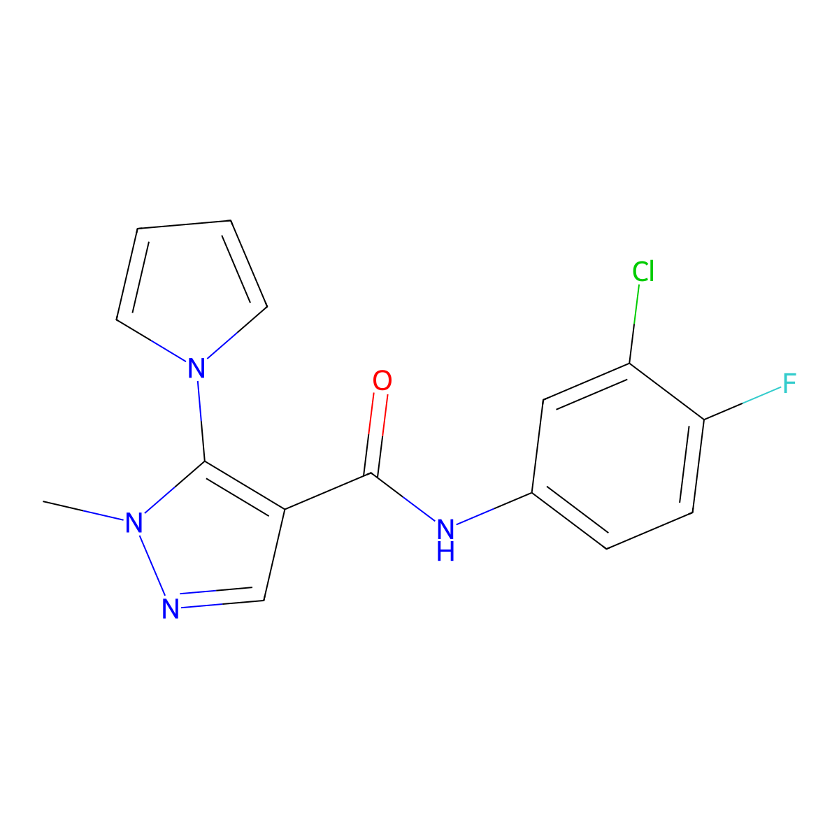 N-(3-chloro-4-fluorophenyl)-1-methyl-5-(1H-pyrrol-1-yl)-1H-pyrazole-4-carboxamide molecular structure, CAS 1232789-39-7