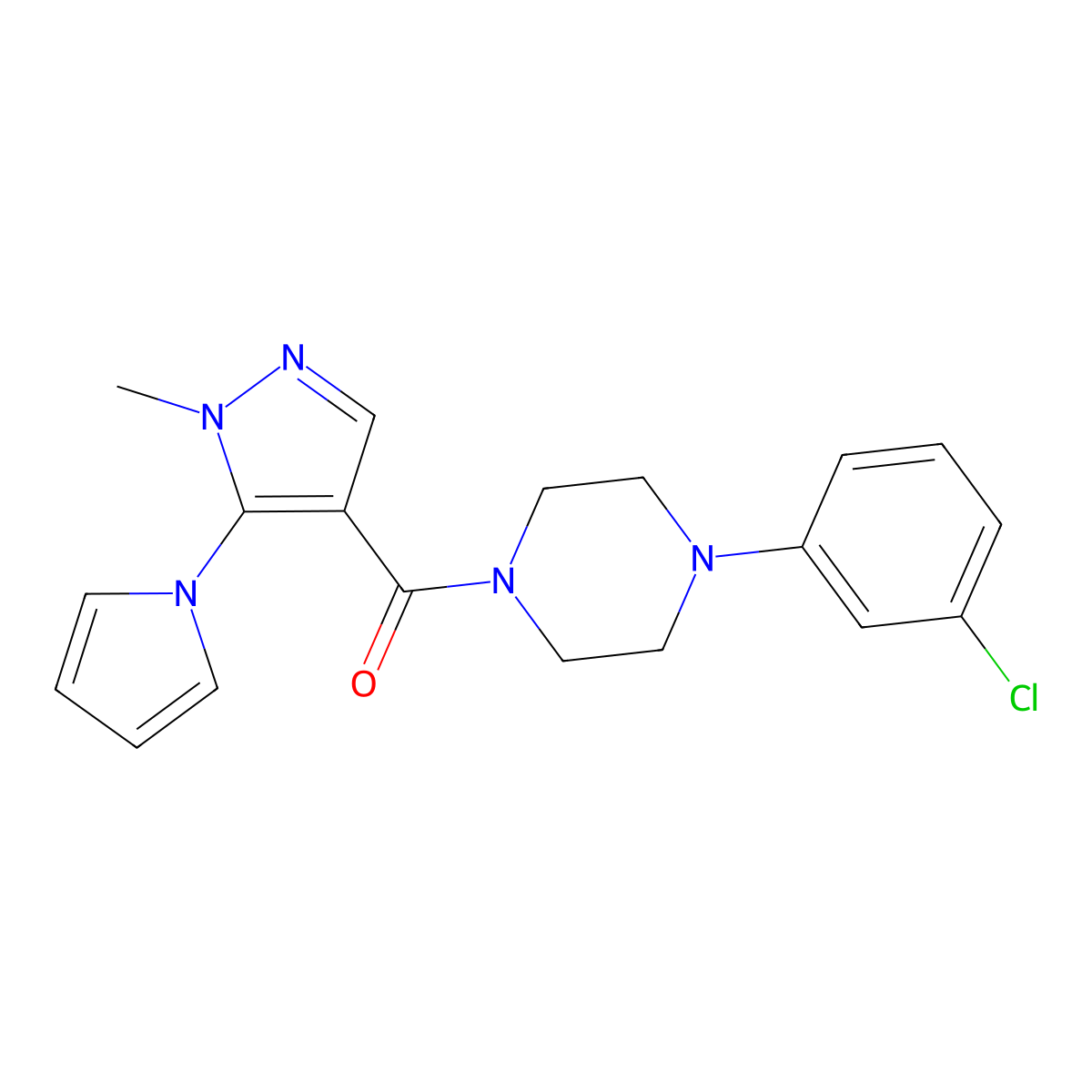 (4-(3-chlorophenyl)piperazin-1-yl)(1-methyl-5-(1H-pyrrol-1-yl)-1H-pyrazol-4-yl)methanone molecular structure, CAS 1232791-73-9