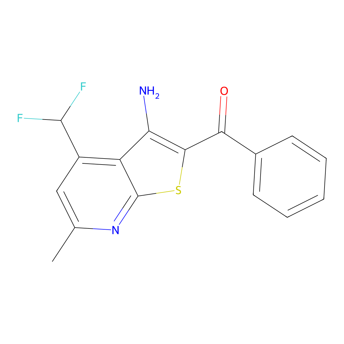 (3-Amino-4-(difluoromethyl)-6-methylthieno[2,3-b]pyridin-2-yl)(phenyl)methanone molecular structure, CAS 1232792-35-6