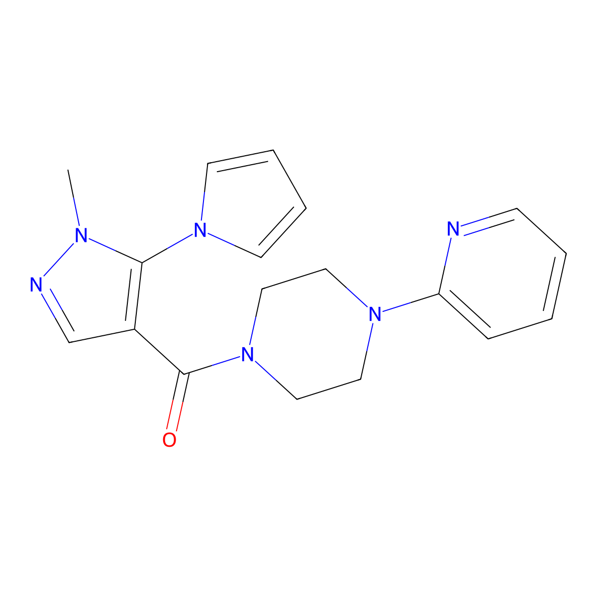 (1-methyl-5-(1H-pyrrol-1-yl)-1H-pyrazol-4-yl)(4-(pyridin-2-yl)piperazin-1-yl)methanone molecular structure, CAS 1232792-76-5