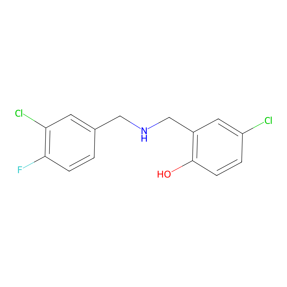 4-Chloro-2-{[(3-chloro-4-fluorobenzyl)amino]methyl}phenol molecular structure, CAS 1232796-25-6