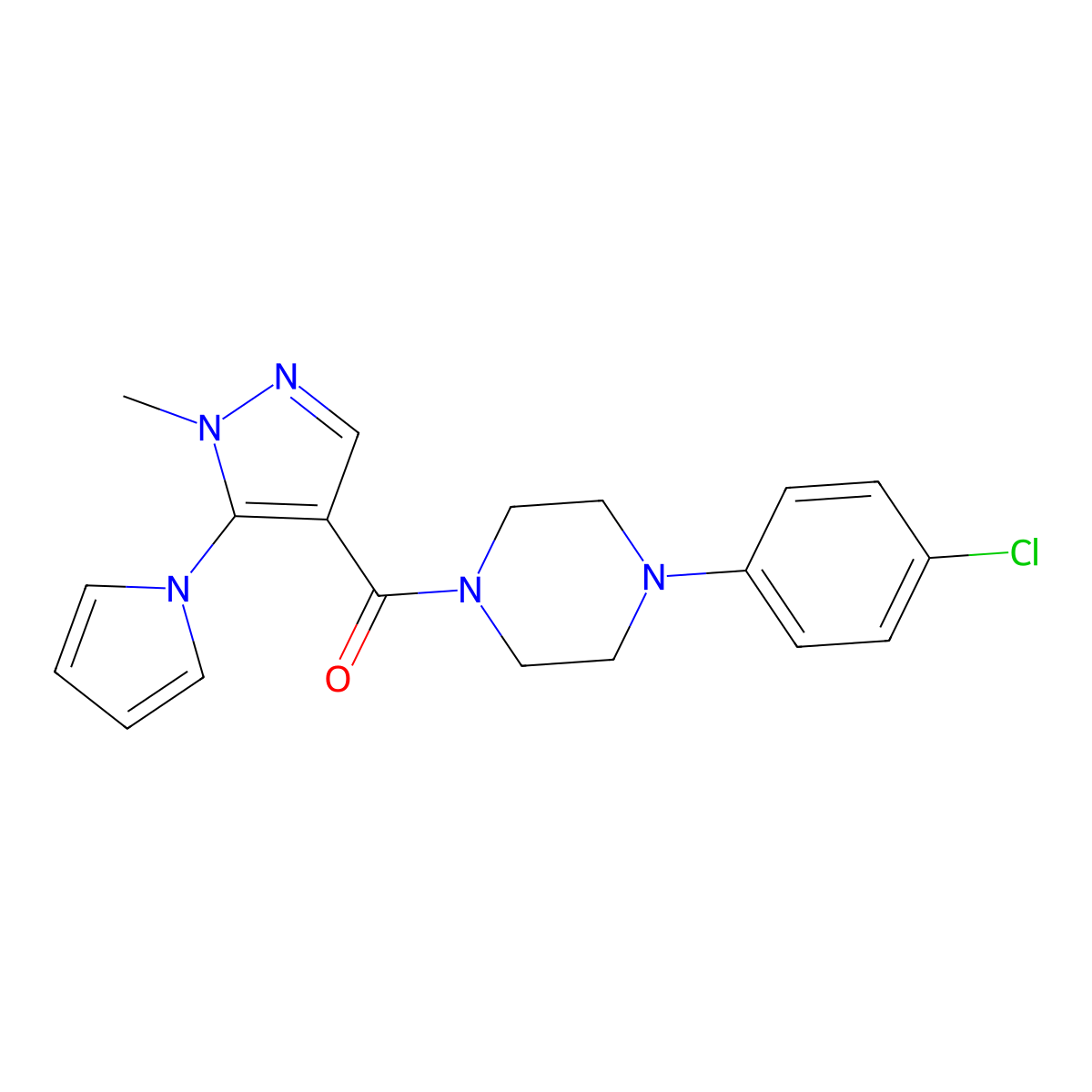 [4-(4-chlorophenyl)piperazin-1-yl][1-methyl-5-(1H-pyrrol-1-yl)-1H-pyrazol-4-yl]methanone molecular structure, CAS 1232796-28-9